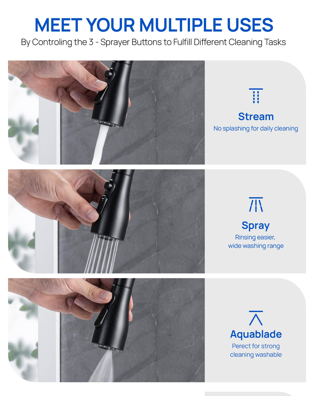J-HVA Metal Kitchen Faucet Head Replacement – 3 Mode High-Pressure Sink Sprayer Replacement with 15 Nozzle Adapters, Durable Pull Down Spray Head for Kitchen Sink, Oil Rubbed Bronze, Stainless Steel