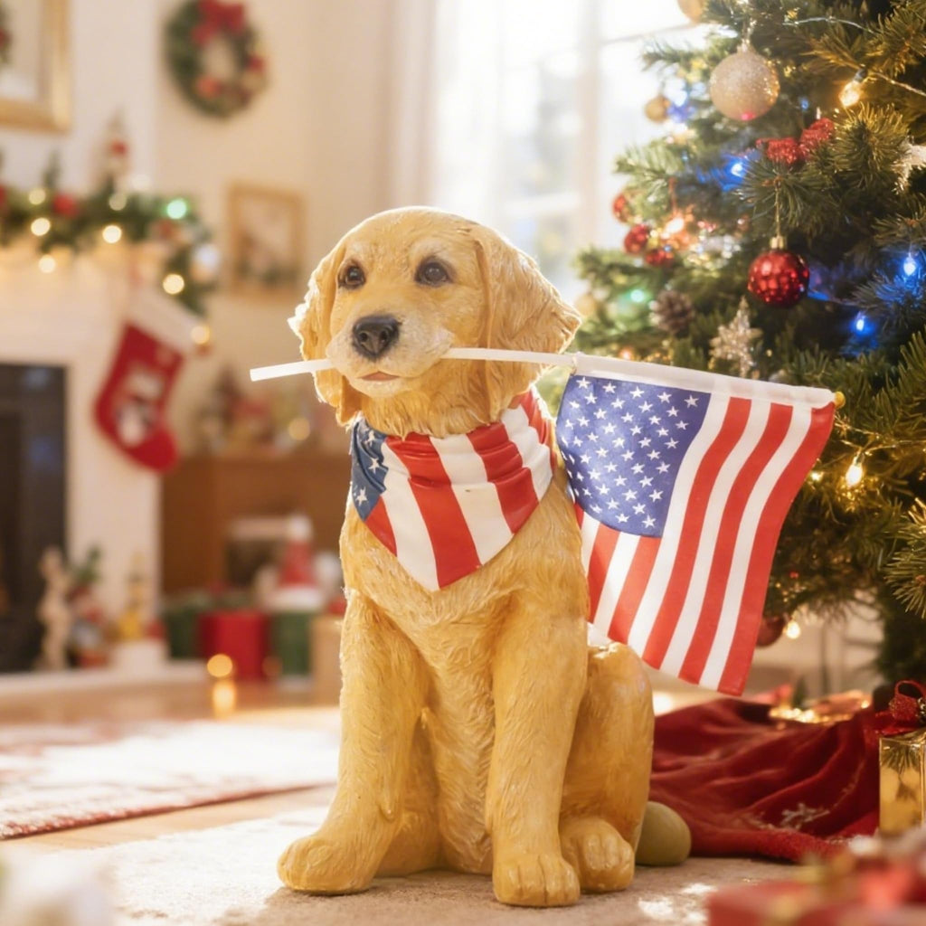 Cynkeyee Outdoor Garden Decor Dog Statue - Resin Dog with American Flag