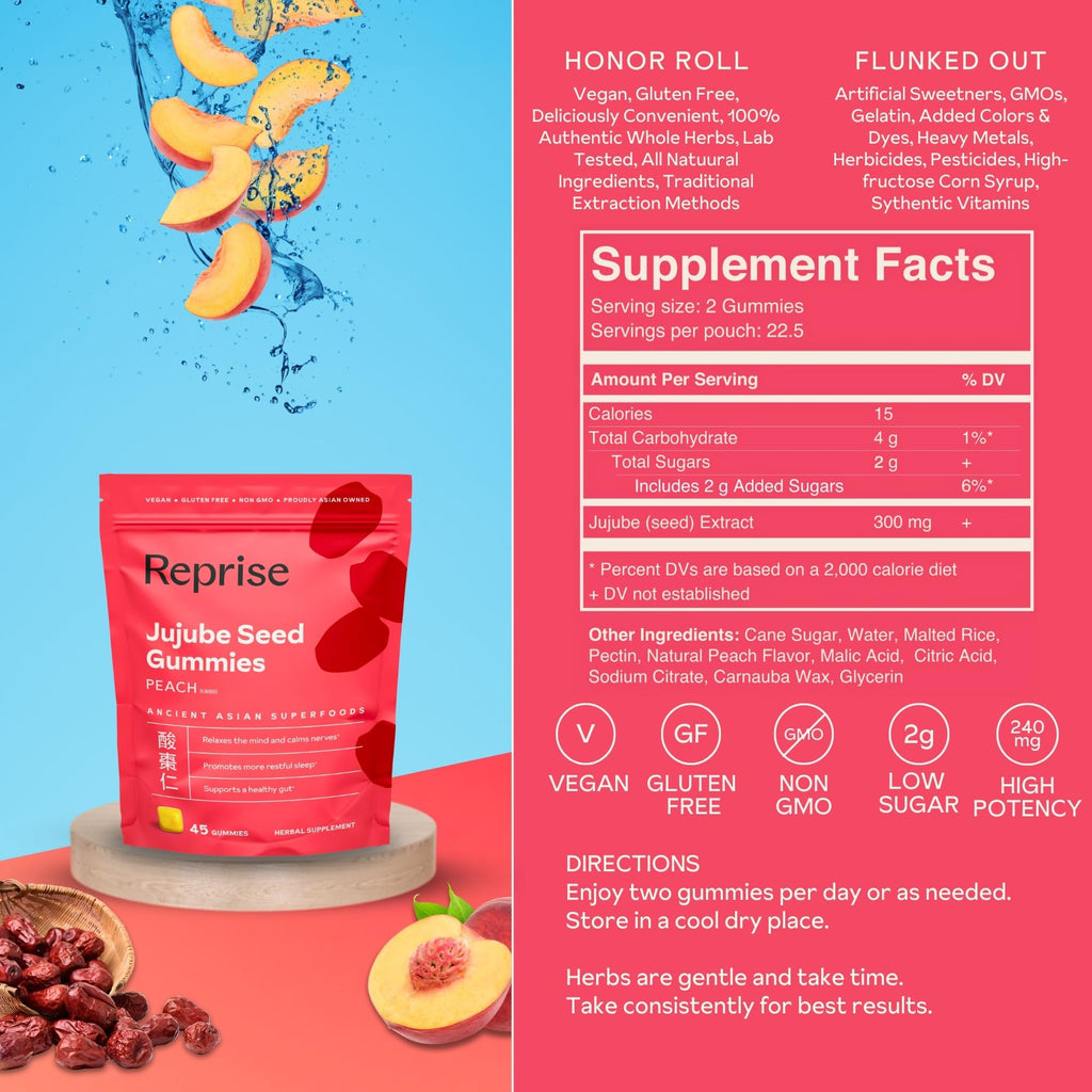 Reprise Jujube Seeds in Daily Gummies, 300 mg Full-Spectrum Jujube Seeds, Supports Relaxation & Restful Sleep, 100% Plant Based Vegan & Gelatin Free, Peach Flavored, 40 Gummies