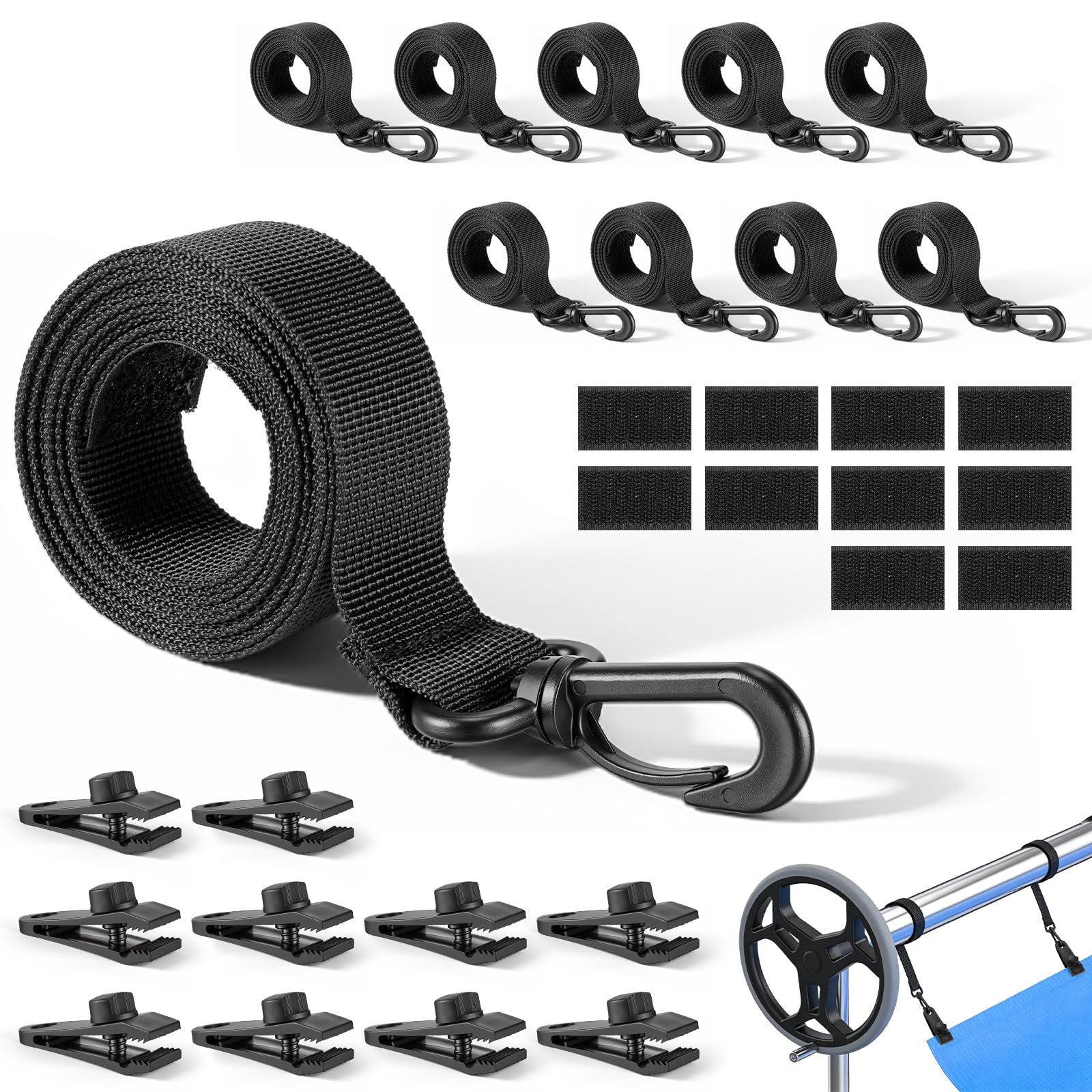 Canvino 10 Sets Pool Solar Cover Reel Attachment Kit, Solar Blanket Straps with Hooks, Clips & Fasteners for Inground & Above Ground Swimming Pool Reel Systems