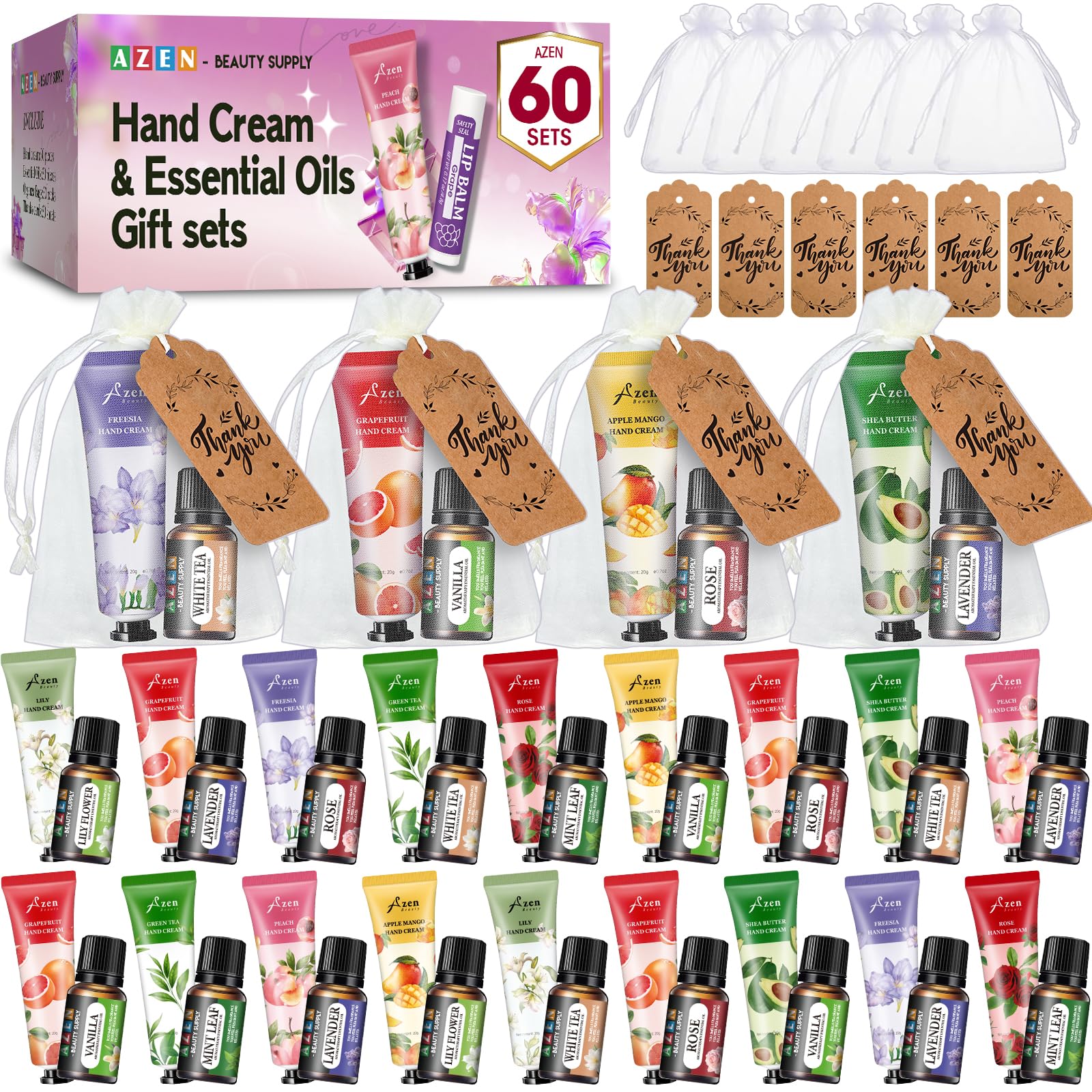 AZEN 60 Sets Bulk Gifts, Hand Cream and Essential Oils Bulk Set with Organza Bag Thank You Card, Baby Shower Wedding Gifts for Guests, Bridal Wedding Favors, Valentines Gift for Women