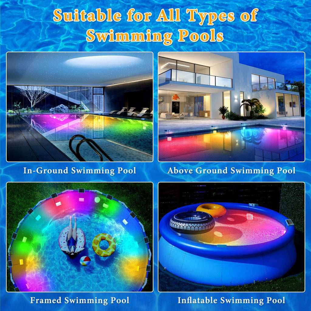 Yichuke Solar Pool Lights, Pool Lights with Remote, 10-Color 4-Mode Light Sensing LED，Underwater Swimming Lighting with Timer Off, Submersible Pool Lights for Above Ground In-ground Inflatable Pool