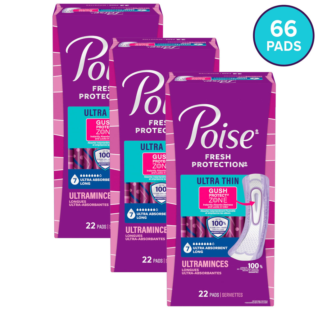 Poise Ultra Thin Incontinence & Postpartum Pads for Bladder Leaks, 7 Drop Ultra Absorbency, Long Length, 66 Count (3 Packs of 22), Packaging May Vary