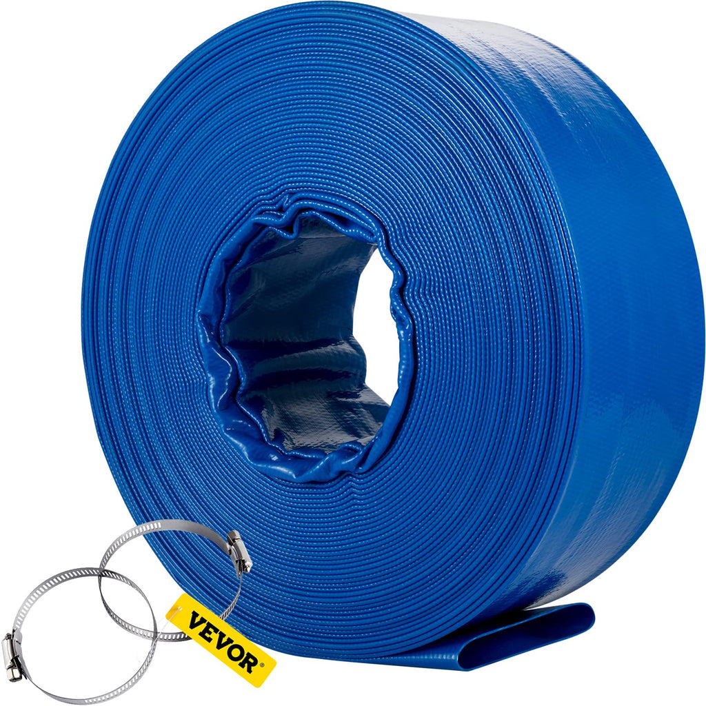 VEVOR Discharge Hose, 1-1/2" x 100', PVC Fabric Lay Flat Hose, Heavy Duty Backwash Drain Hose with Clamps, Weather-proof & Burst-proof, Ideal for Swimming Pool & Water Transfer, Blue