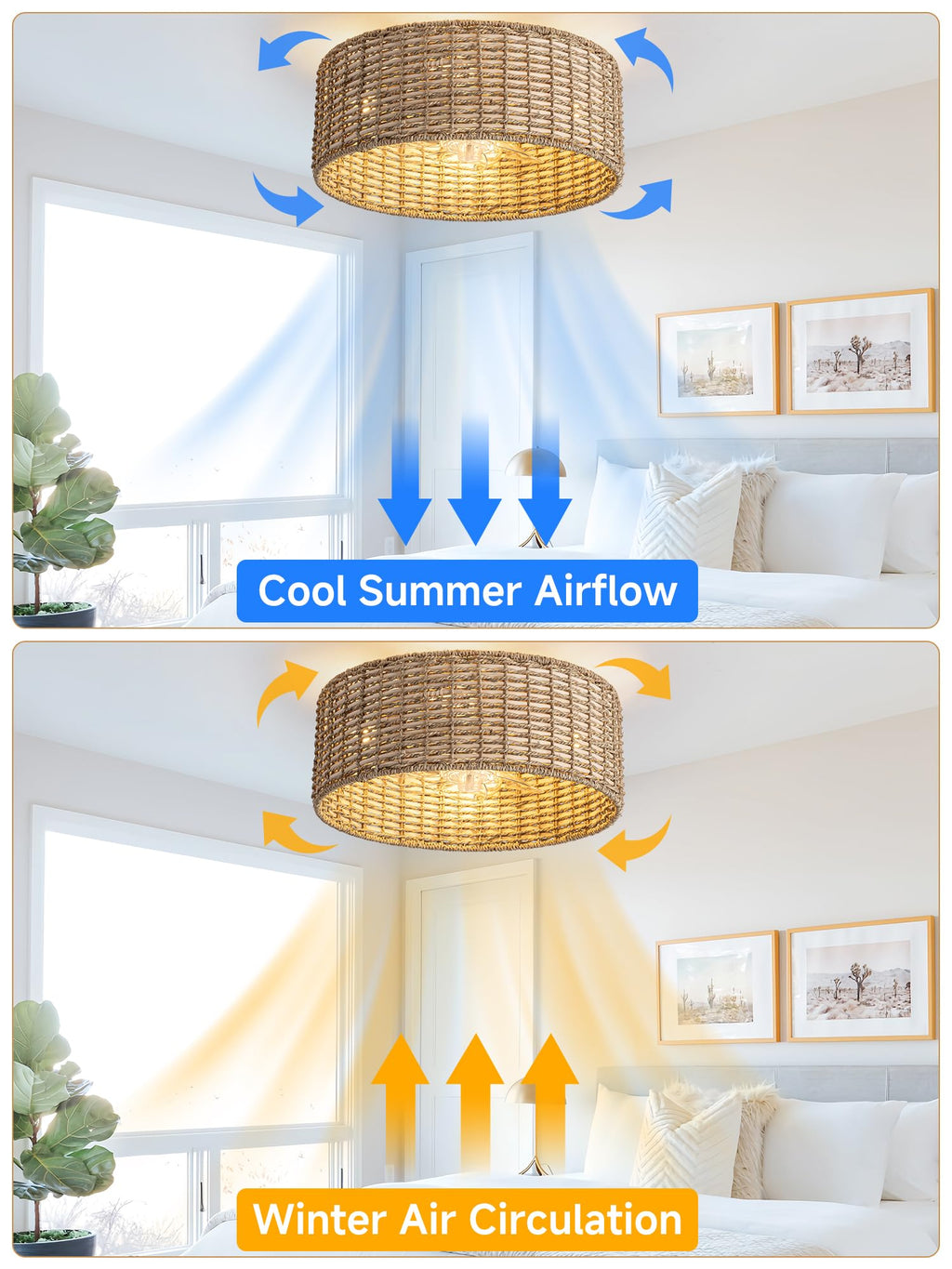 DARYEWO Handwoven Boho Rattan Ceiling Fan with Light,Flush Mount Caged Ceiling Fans with Lights and Remote Control,Low Profile Enclosed 6 Speeds Fandelier for Bedroom Living Dining Room,4-Light