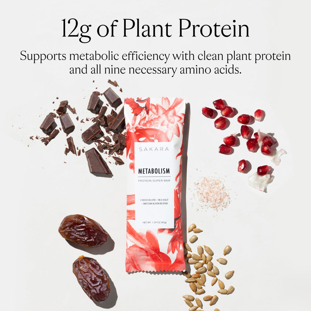 SAKARA Metabolism Super Bar – Healthy, Nutritious Vegan Protein Bars, Clean Ingredients, Low Sugar, Gluten-Free, On-the-Go Snacks with 9g Fiber, Sea Salt, Chocolate, 12g Plant-Based Protein