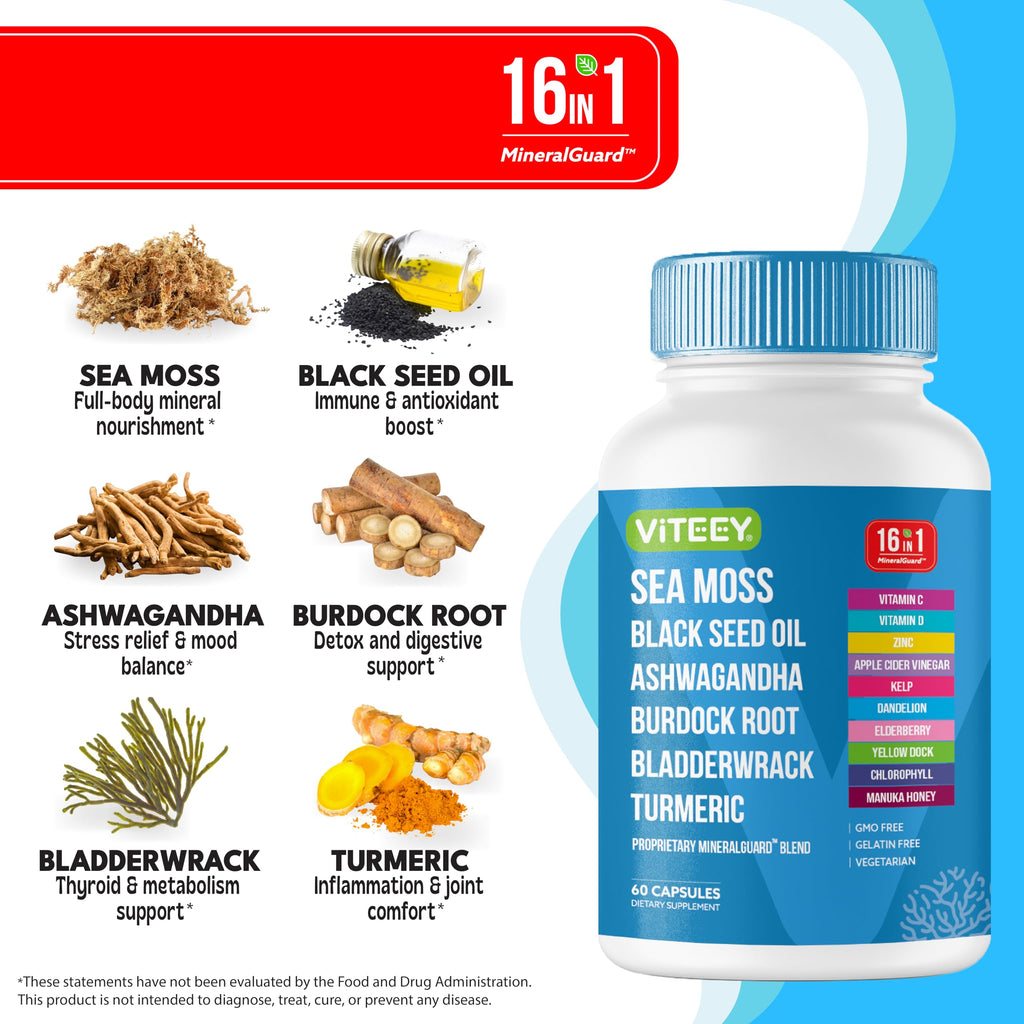 Viteey Sea Moss Capsules with Black Seed Oil - 16in1 MineralGuard