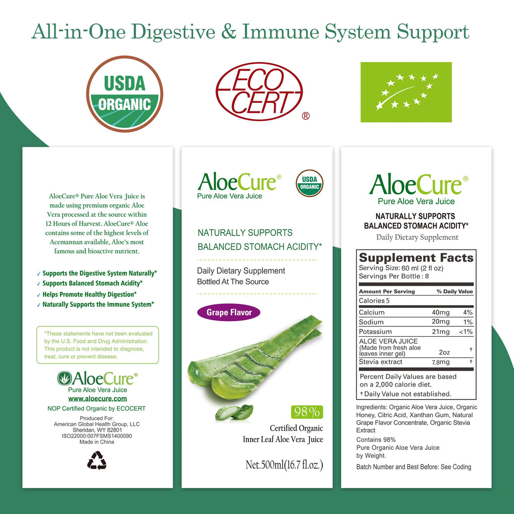 AloeCure USDA Organic Aloe Vera Juice Grape Flavor, Made Within 12 Hours of Harvest - Pure Aloe Vera Digestive & Immune Health Supplement, Helps Maintain Balanced Stomach Acidity, 16.7oz x 2 Btls
