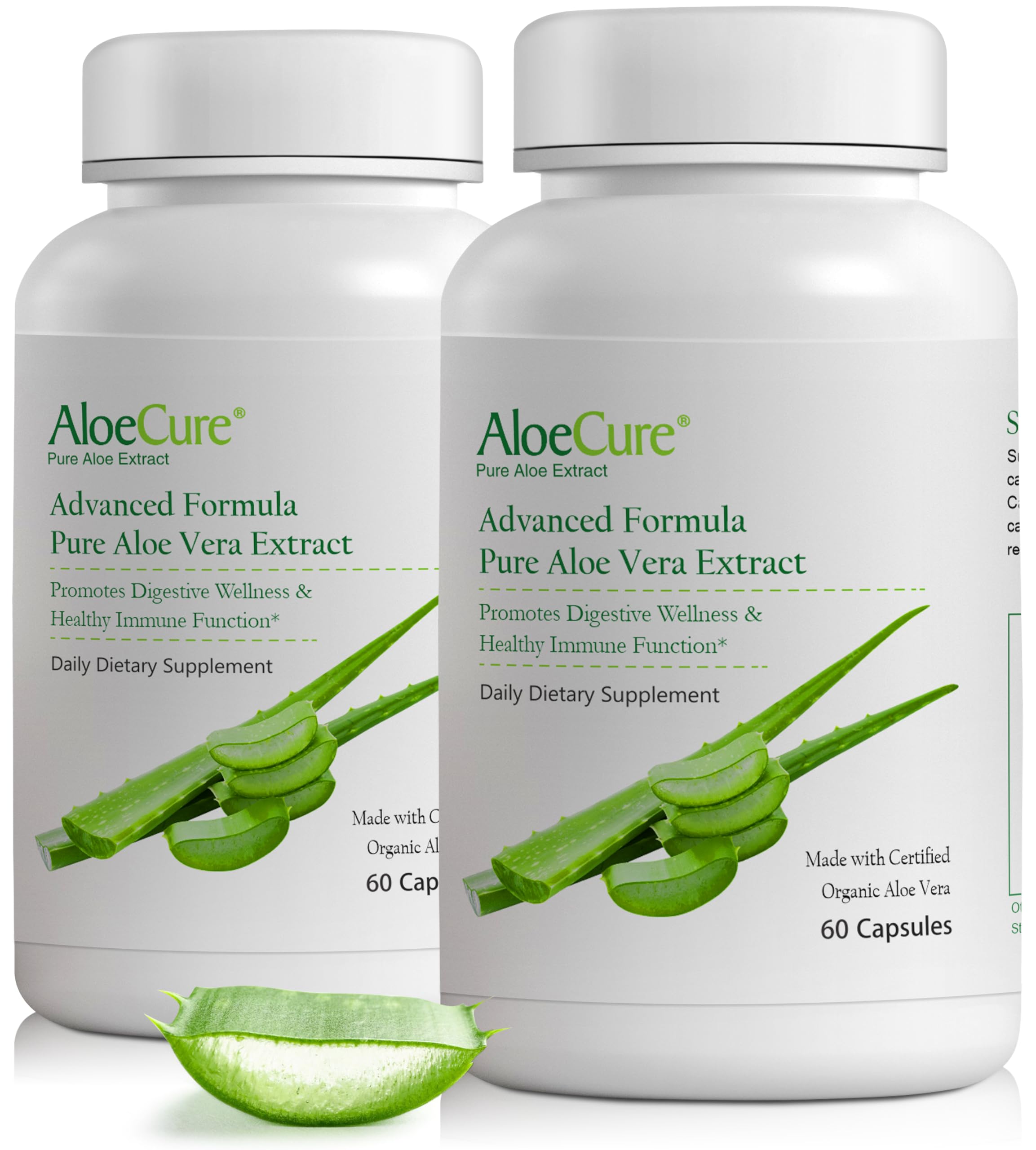 AloeCure Aloe Vera Capsules, Made with Organic Aloe Vera Aloin Free to Gently Support Gut Health & Digestive Comfort, Stomach Acid Buffer, Natural Immune Supplement, 2Btls x 60 Caps, 300mg Capsules