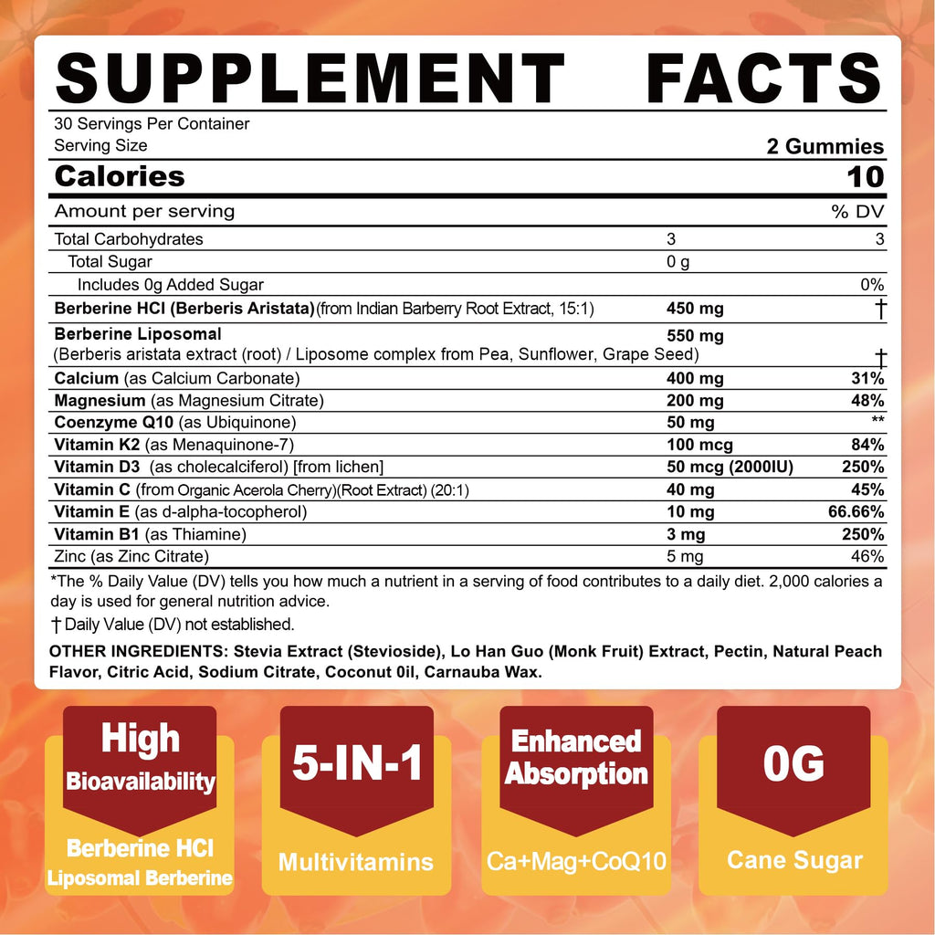 LILICARE Berberine Gummies Sugar Free, Extra Absorption with Liposomal Berberine & Berberine HCI, Calcium, Magnesium, AMPK Activitor for Sugar & Level, Energy, Metabolism,Vegan, Pack of 1