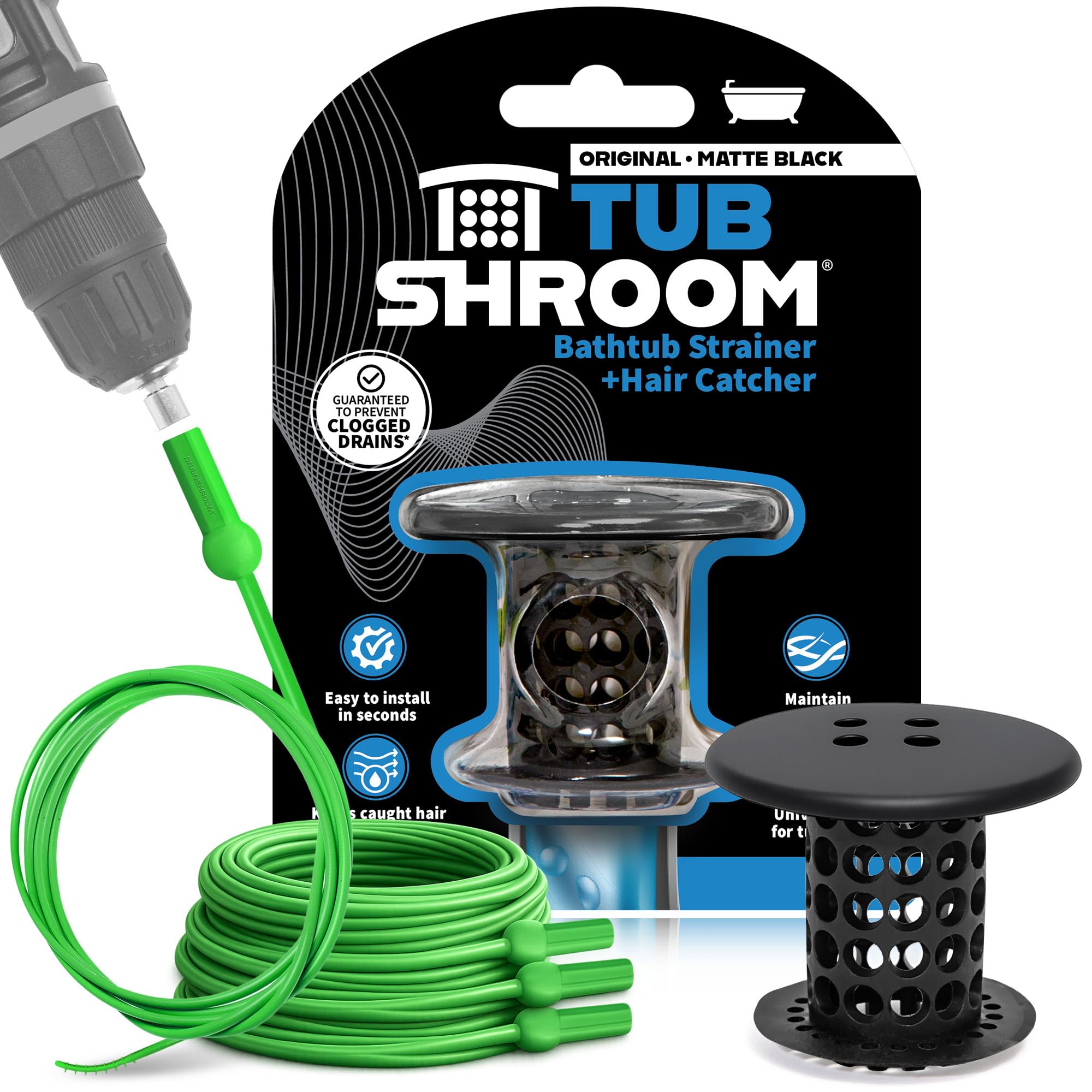 TubShroom Bathtub Drain Hair Catcher – in-Drain Tub Strainer & Clog Prevention Protector, Fits Standard 1.4”–1.75” Tub Drains, Easy Clean, Captures Human & Pet Hair Out of Sight (Matte Black)