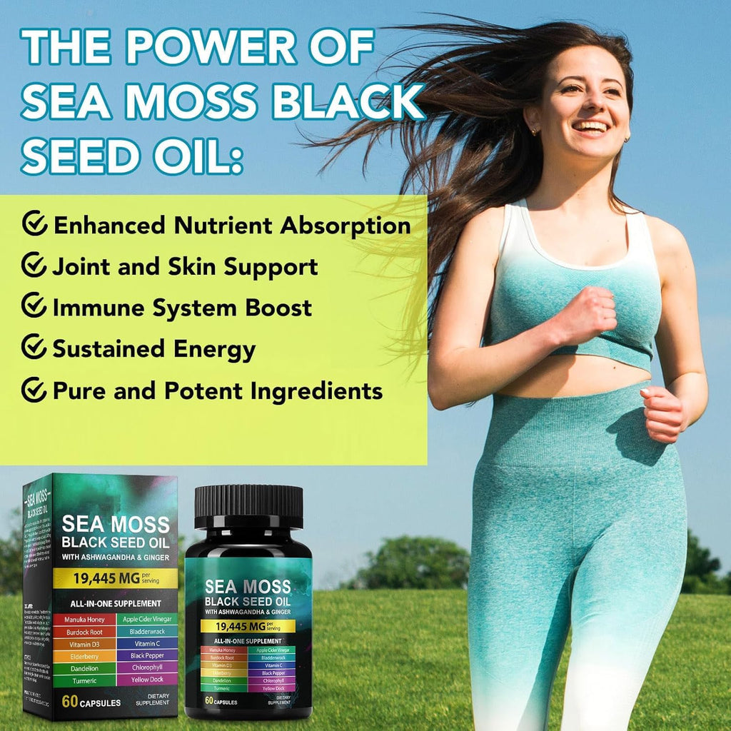 Sea Moss Black Seed Oil Ashwagandha Ginger, Sea Moss Capsule Supplement with Turmeric Bladderwrack Burdock & Vitamin C Vitamin D3, Enhanced Immunity & Energy, 120 Capsule