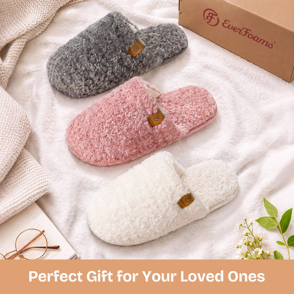 EverFoams Women's Fuzzy Slippers Cozy House Shoes Cream White, 9-10 US