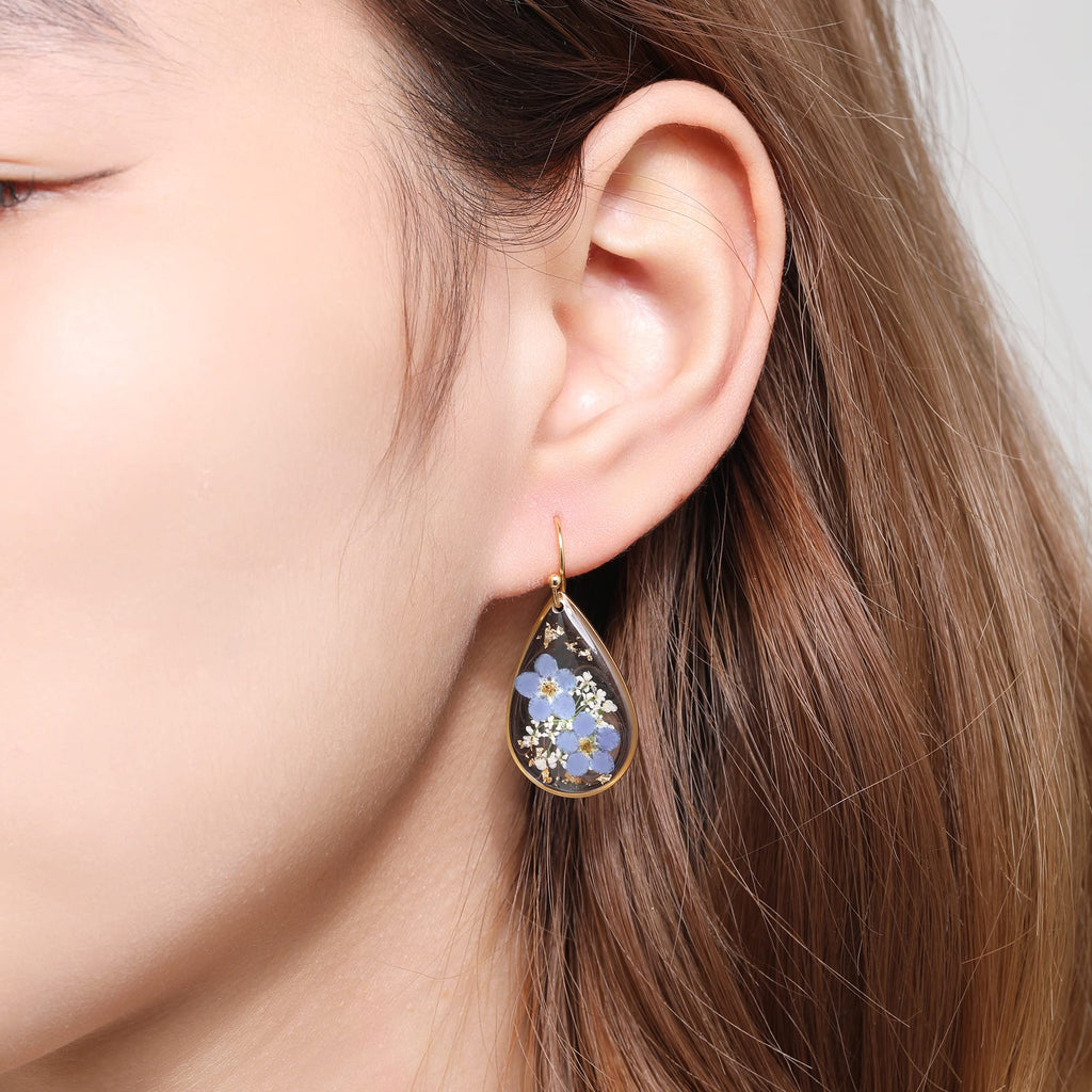 Forget-Me-Not and Queen Anne's Lace Pressed Wildflower Earrings | Drop Dangle Earring For Women Girls | Pressed Flower Teardrop Jewelry Dry Flowers | Personalized Handmade Jewelry | Gift for Woman