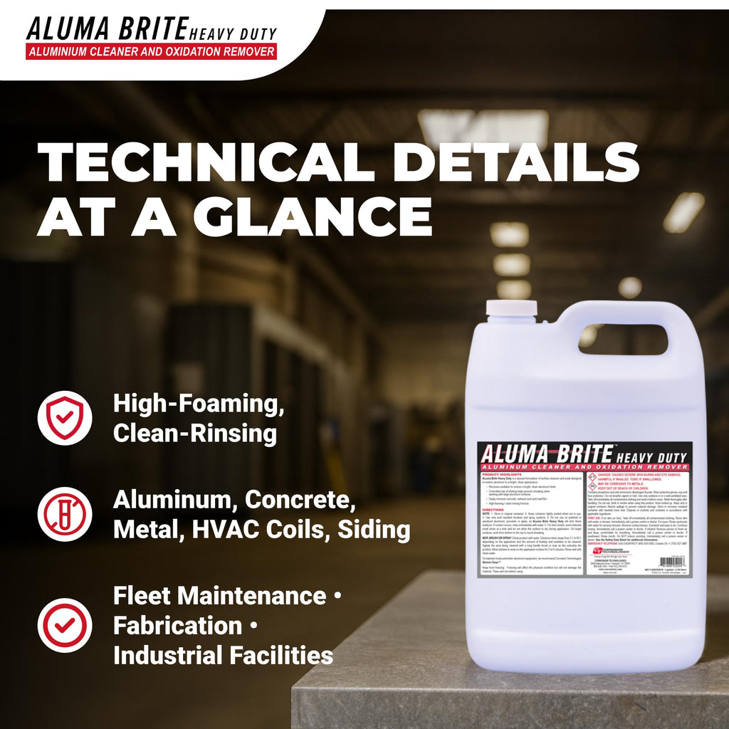 Corrosion Technologies ALuma Brite Heavy Duty Aluminum Cleaner, Industrial Brightener for Oxidation Removal, Concrete and Soot Residue, Commercial-Grade, High Foaming Rinse-Free Formula, 1 Gallon