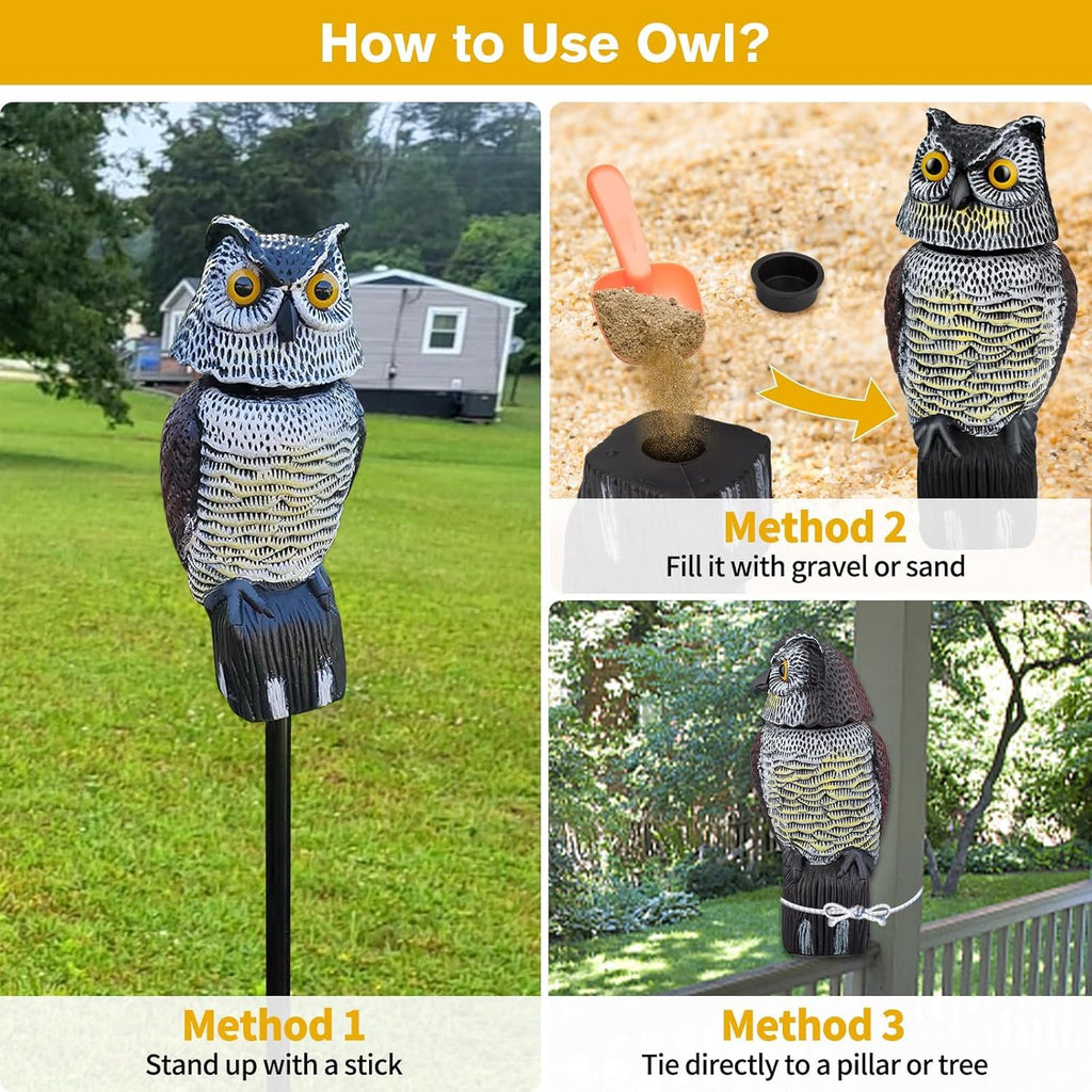 Fake Owl Statue to Scare Birds Away, Waterproof Moving Bird Deterrent Owl