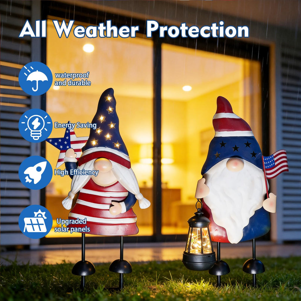 HONGLAND Solar Patriotic Gnomes Garden Stakes - 4th of July Decorations 25" American Flag Garden Gnomes Outdoor Decor for Outdoor & Memorial Day Yard Art 2 Pack
