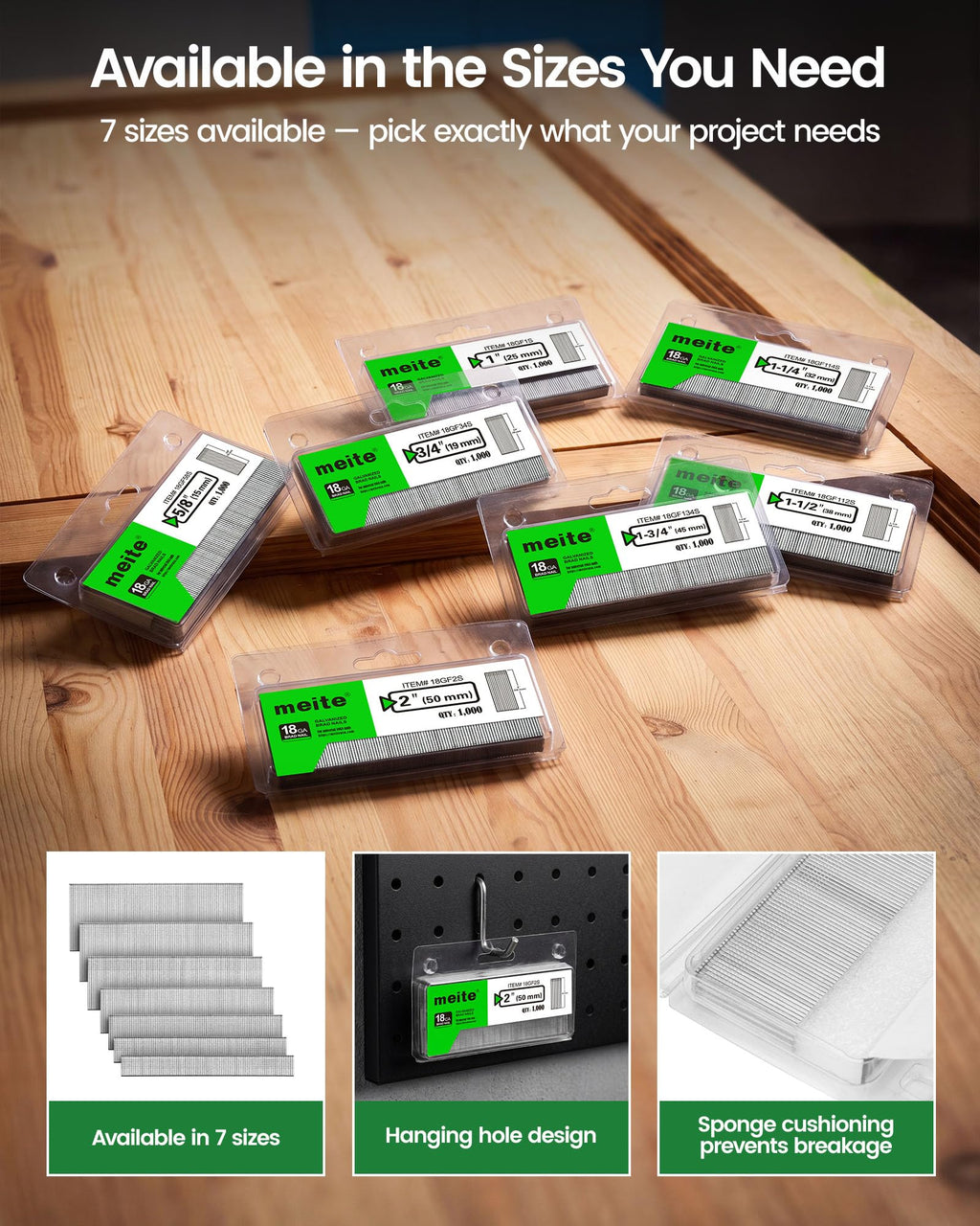 meite 18 Gauge Brad Nails, 1-1/4 Inch 18GA Brad Nails Galvanized Small Finishing Nail Gun Nails for Pneumatic, Electric Brad Nailer Gun (1,000 Counts)