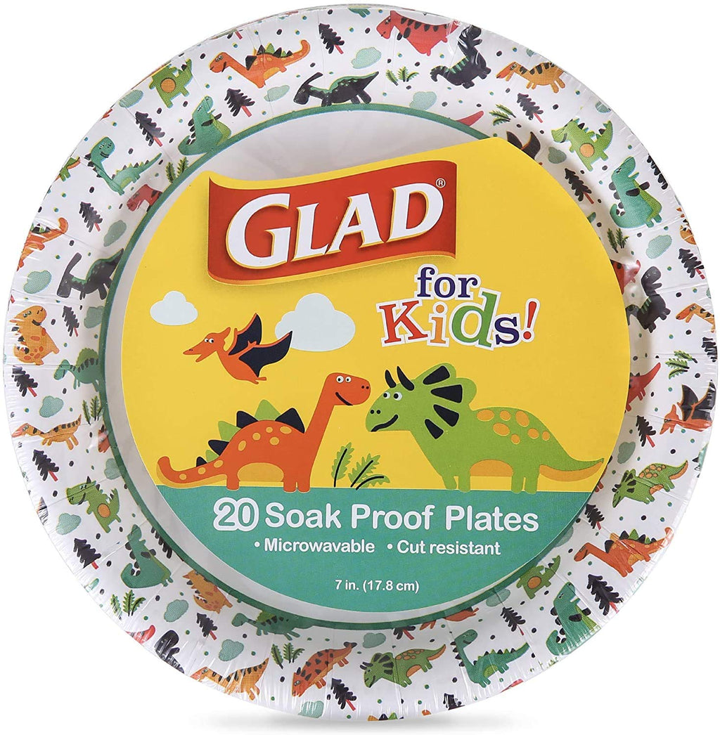 Glad for Kids Dinosaur Disposable Paper Plates Heavy Duty Soak Proof Microwave Safe Kids Plates for Snacks Meals and Parties Fun Dino Design Party Pack 7 Inch 20 Count 6 Pack Bulk Party Value