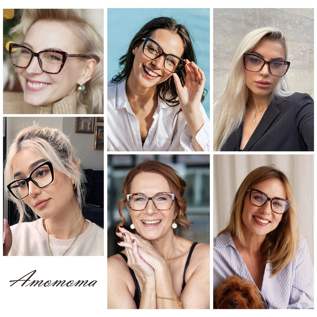 AMOMOMA Trendy TR90 Oversized Blue Light Reading Glasses Women,Stylish Square Cat Eye Glasses AM6031 C1+C6 0.0 x