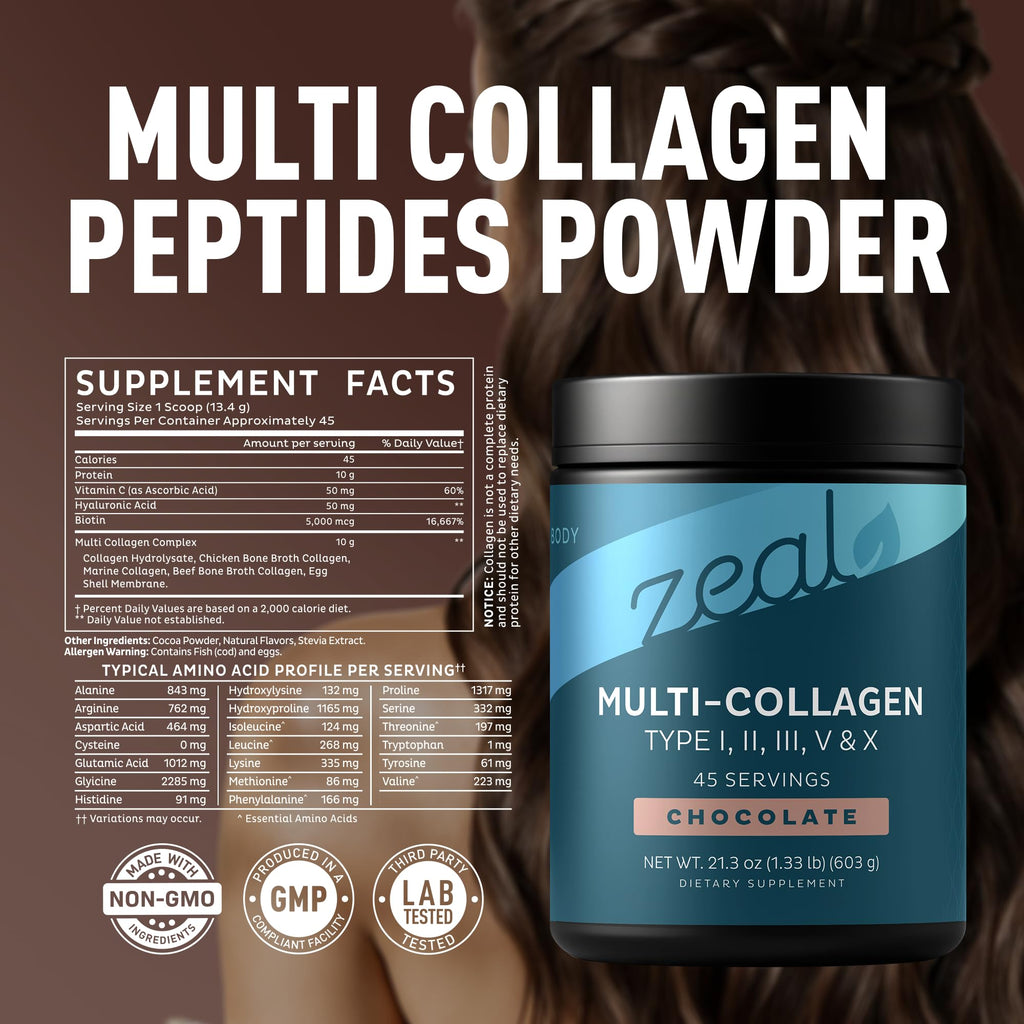 Premium Multi Collagen Peptides Powder (1, 2, 3, 5 & 10) with Protein. Vitamin C, Biotin, Hyaluronic Acid, for Hair Skin and Nails - Marine, Bovine, Chicken & Eggshell (Chocolate, 45 Servings)