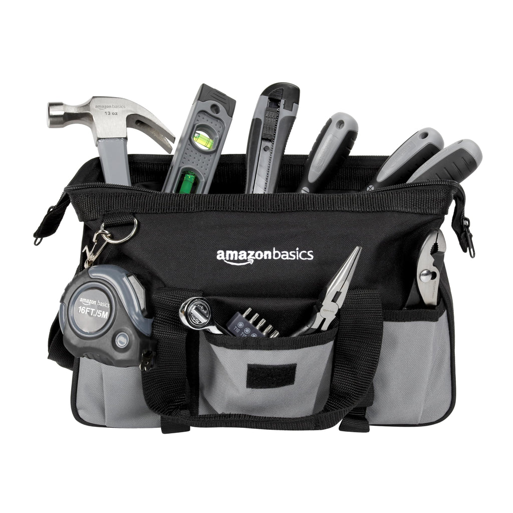 Amazon Basics 65 Piece Home Repair Tool Kit Set With Carrying Bag, Hand Tools, Socket Set, SAE and Metric, Silver, Black