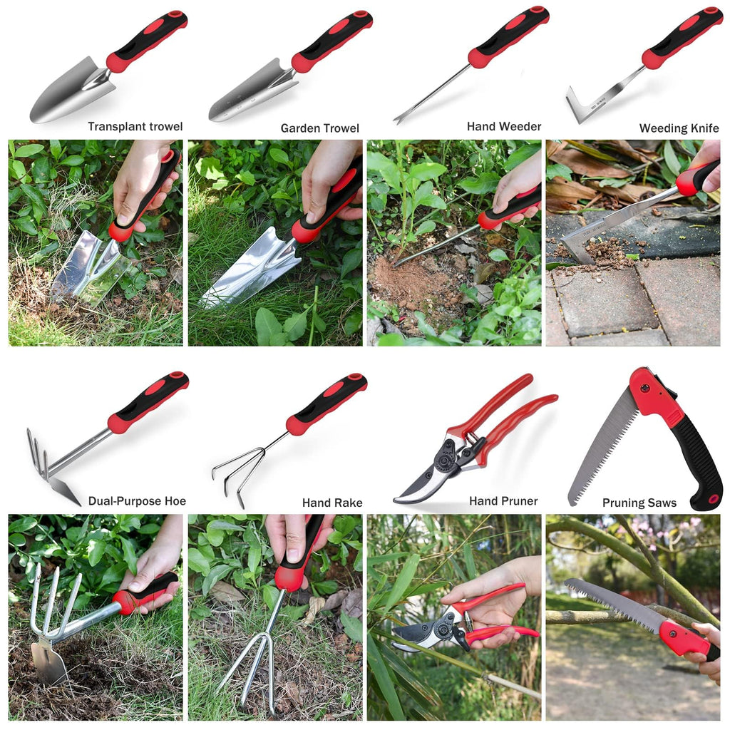 Red Gardening Tools, WisaKey 9 Piece Stainless Steel Heavy Duty Garden Tools with Non-Slip Ergonomic Handle, Garden Tote Bag, Garden kit, Gardening Gifts for Women Mothers