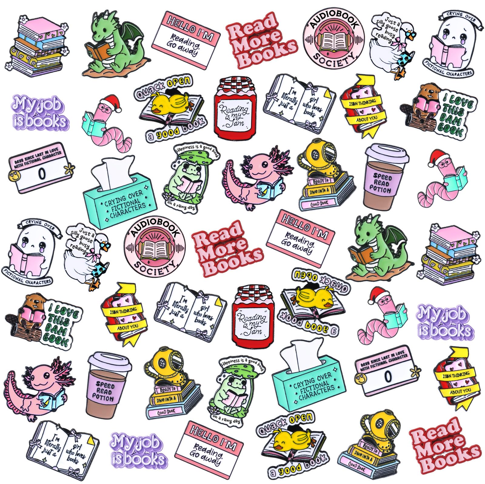 Landical 60 Pcs Book Enamel Pins for Backpacks Christmas Bookish Book Lovers Club Gifts Bulk Cute Bookworm Lapel Pins Frog Dinosaur Duck Badge Brooch for Hats Bags Lanyards Clothing