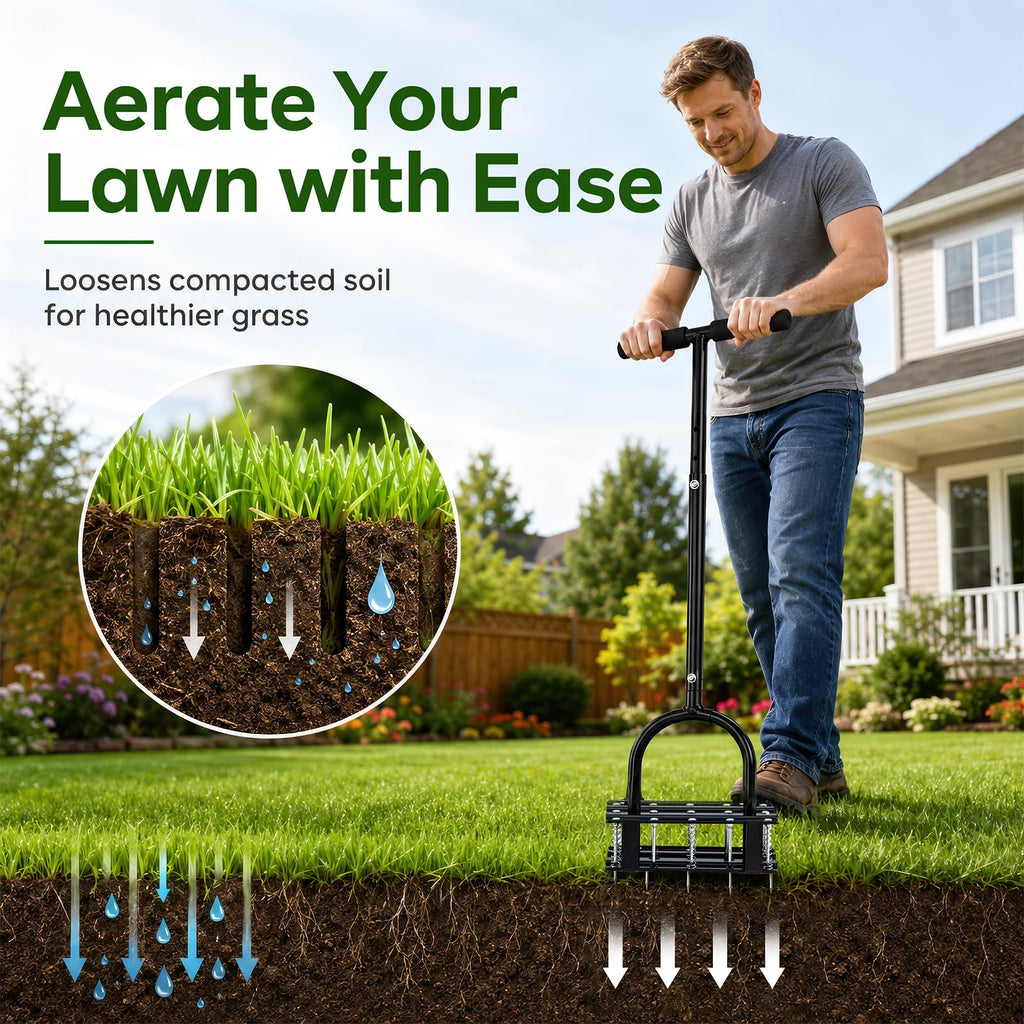 Furfrolic Lawn Aerator - 2-in-1 Manual Aerator with Automatic Dirt and Leaf Clean, Heavy-Duty Reinforced 15 Spikes & Ergonomic T-Handle for Lawn Maintenance, Garden Care, Yard Work (Black)