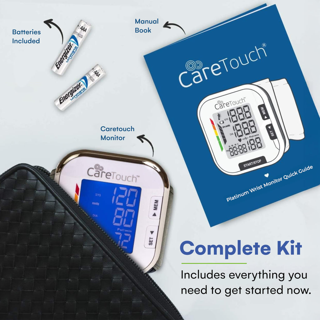 Care Touch Digital Wrist Blood Pressure Monitor for Adults Size 5.5-8.5" for Home Use, Automatic High Blood Pressure Machine with Batteries & Carrying Pouch