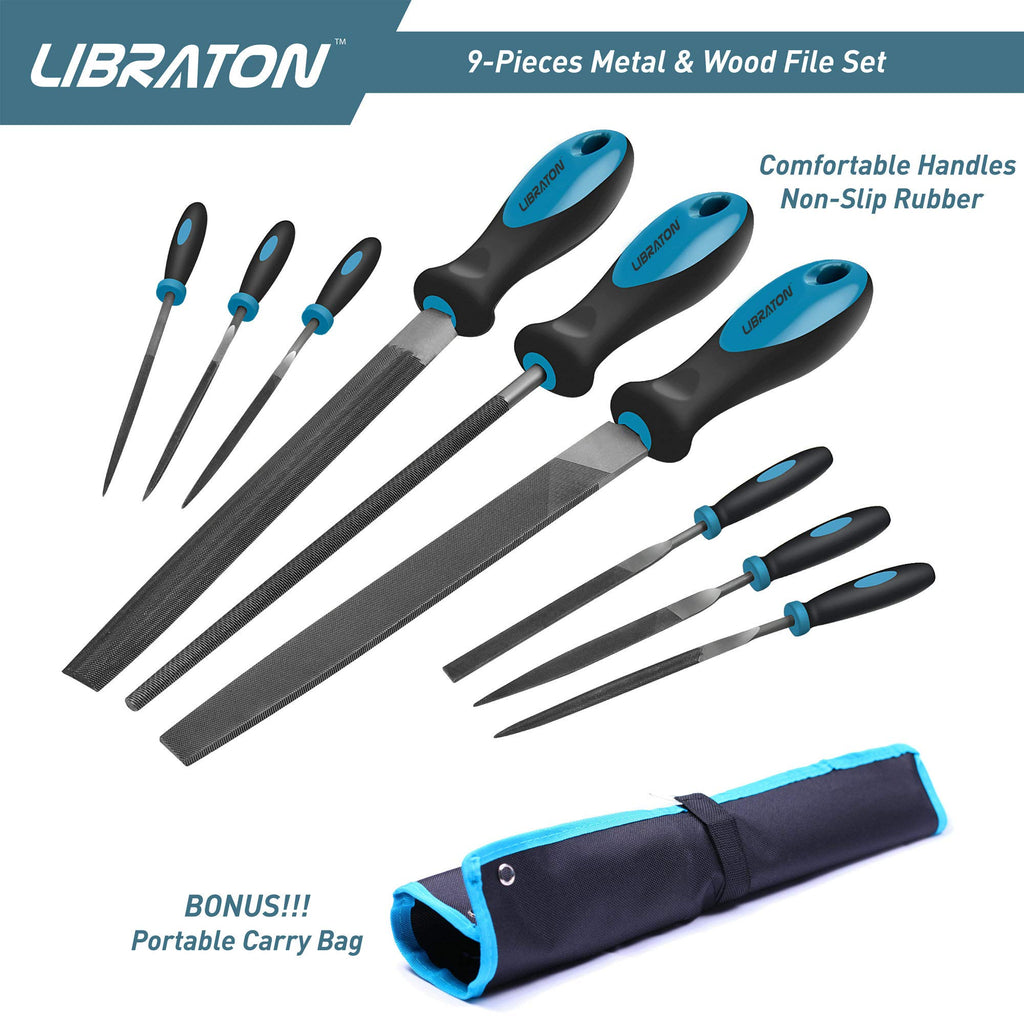 LIBRATON Metal Files - 9pc Set, Needle, Flat, Round, Half-Round Files for Metal & Woodworking