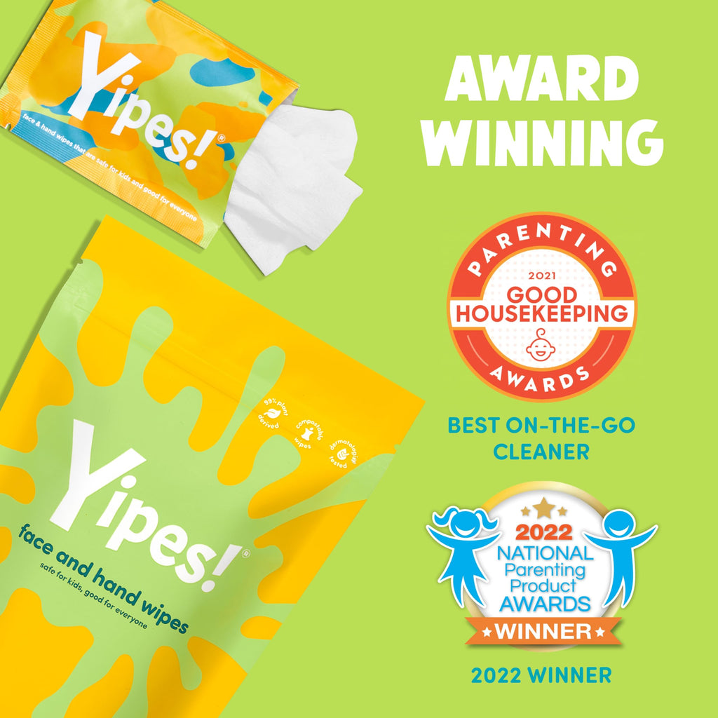 Yipes! Kids Face and Hand Wipes | Compostable Wet Wipes for Sensitive Skin | Individually Wrapped | Classroom Must Haves | Travel Essentials | For Backpacks, Lunchboxes, Classroom Supplies | 4 pack