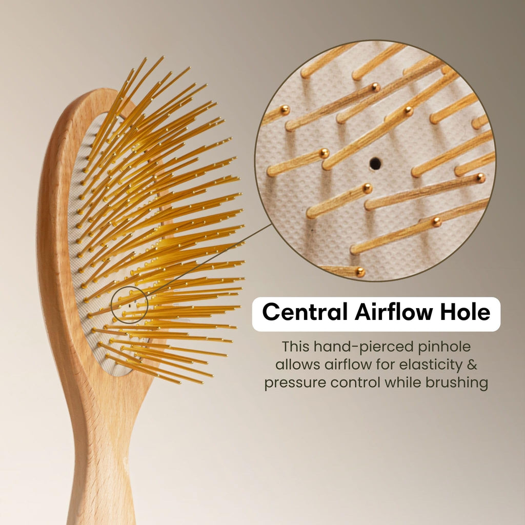 Snow Fox Skincare Gua Sha Hair Brush - Wooden Edition. Scalp Massage Comb with Gold-Plated Metal Bristles for Healthy Follicles. Soothing Gua Sha Acupressure Tool for All Hair Types