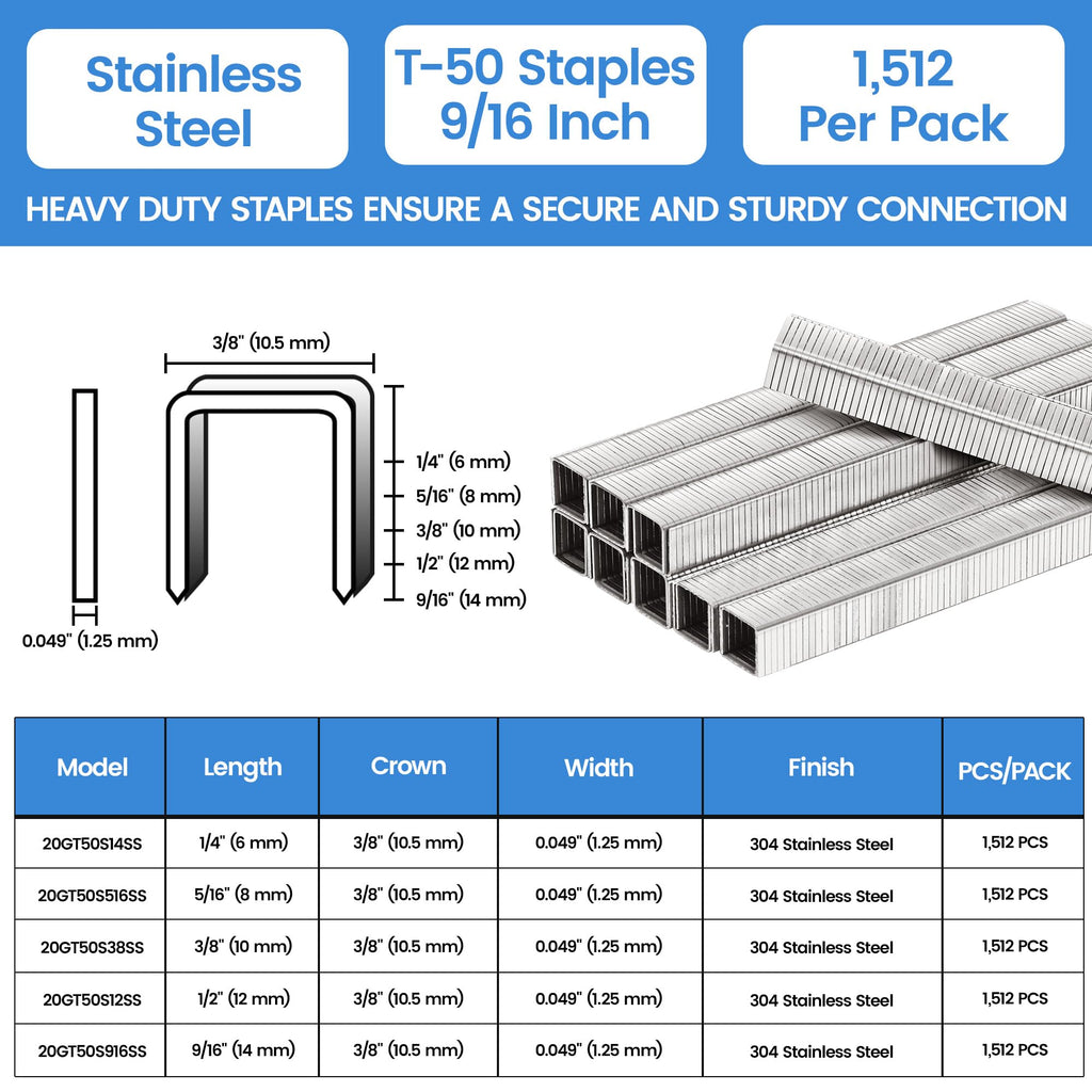 meite T50 Stainless Steel Staples Marine, 9/16 Inch Heavy Duty Staples for Staple Gun - 20 Gauge 3/8 Inch Crown T50 Upholstery Staple for Salt Water, Marine Applications (10 Packs)