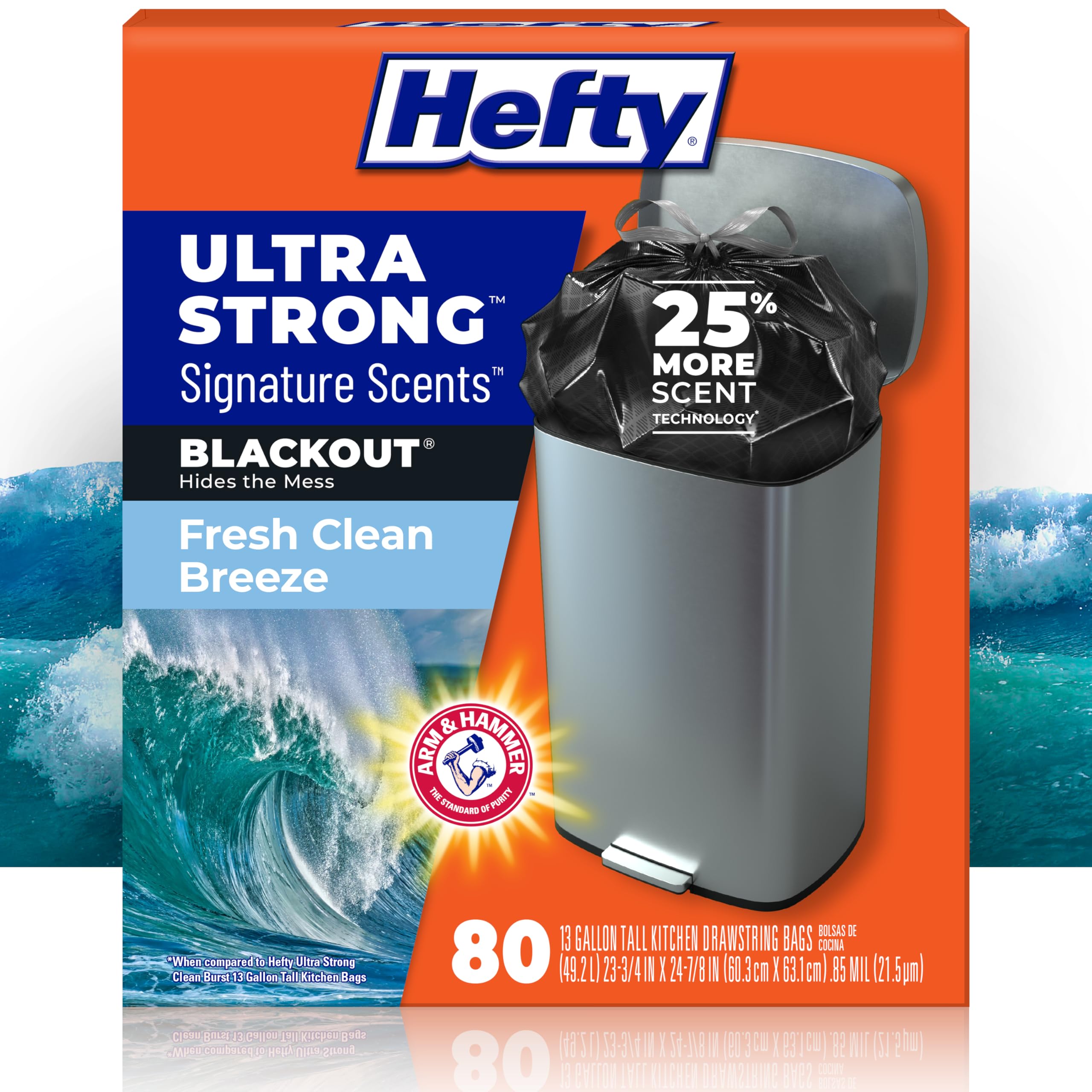 Hefty Ultra Strong Signature Scents 13 Gallon Trash Bags, Fresh Clean Breeze Scent, Tall Kitchen Trash Bags with 25% More Scent Technology, Blackout, 80 Count