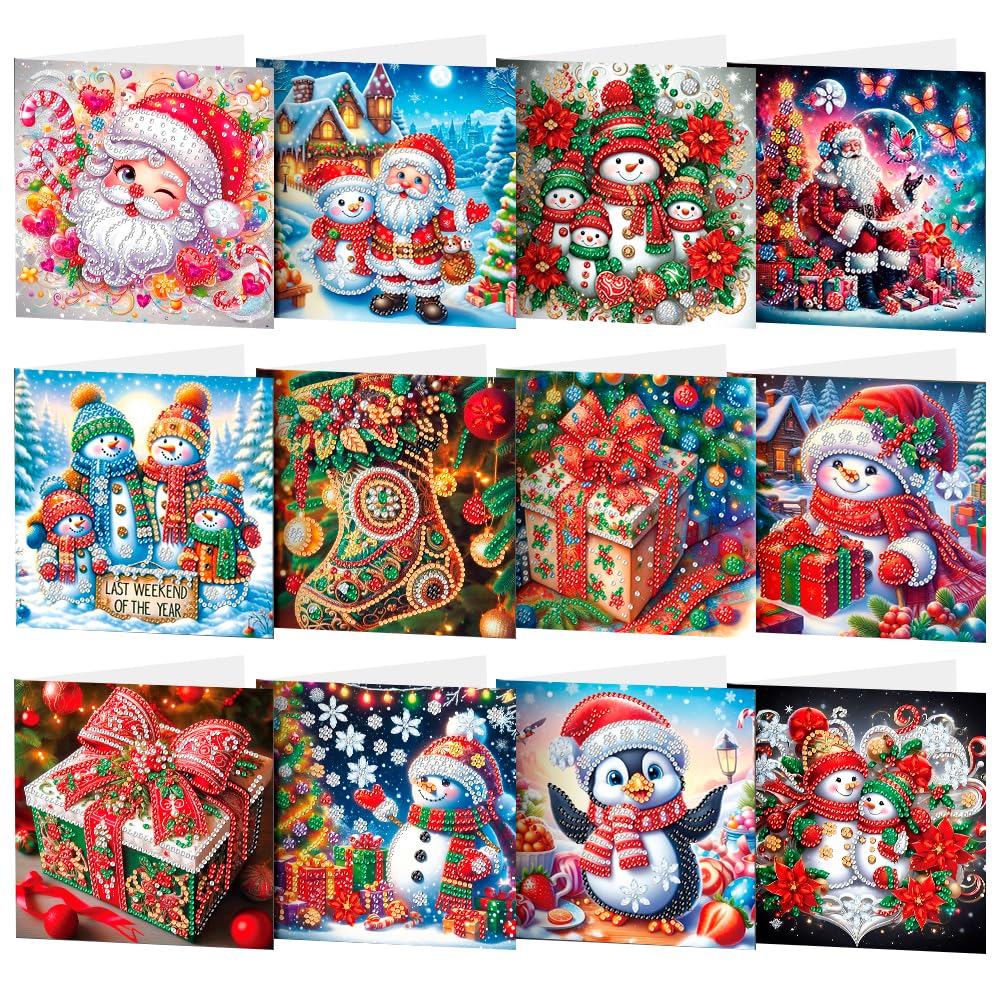 ACSAUMMY Diamond Art Painting Christmas Cards, 12 Pack DIY 5D Diamond Greeting Cards Kits for Adults Diamond Xmas Greeting Cards with Envelopes Gem Christmas Gift for Families, Friends, Partners