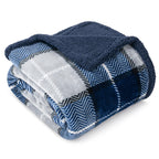 PAVILIA Twin Plaid Sherpa Throw Blanket for Couch Sofa Bed, Navy, 60x80