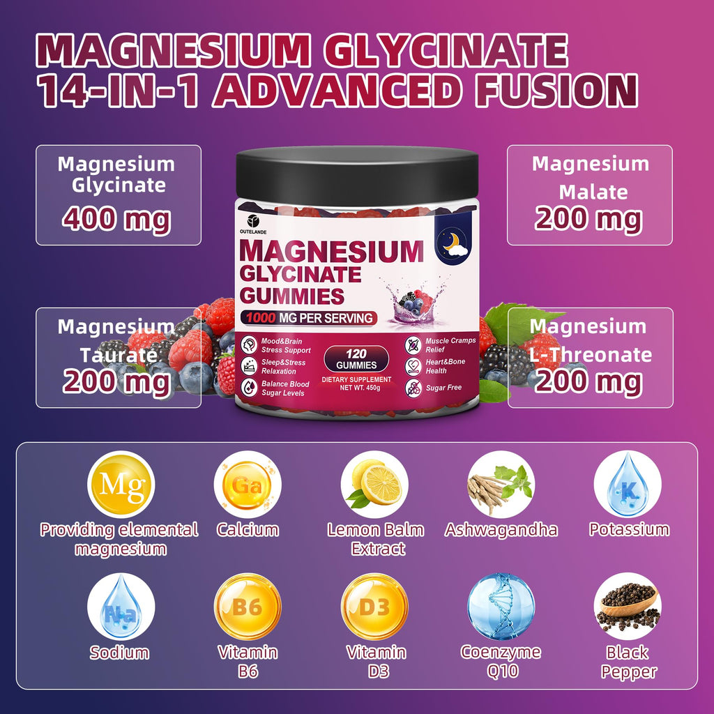 120 CT Magnesium Glycinate Gummies 1000 mg for Women and Men, Magnesium Malate & Taurate Supplements for Sleep, Body Support and Relaxation, Sugar Free, Vegan, Raspberry BlackBerry Blueberry Flavor