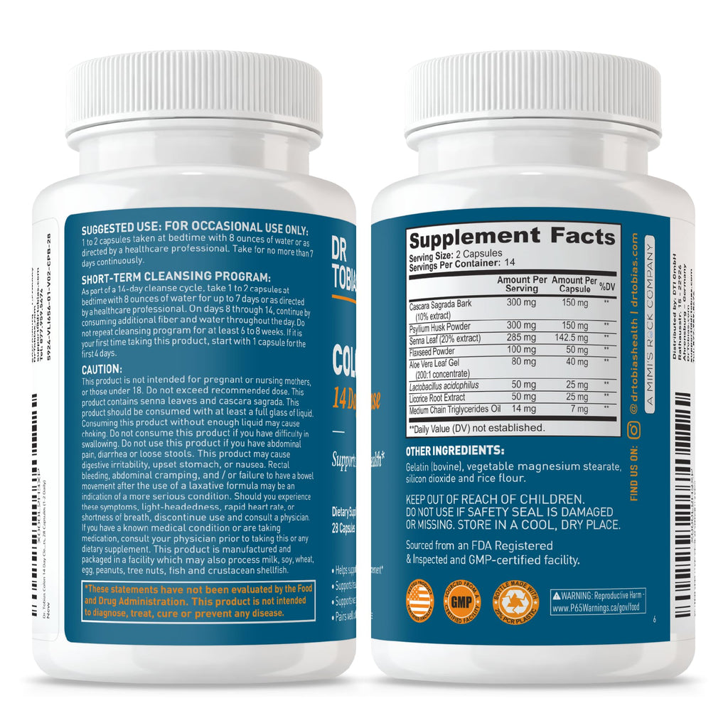 Dr. Tobias Colon Cleanse - Constipation Relief & Gut Health Support for Women & Men | 14 Day Colon Cleanser for a Gentle Colon Detox & Gut Flush - 2 Bottles of 28 Capsules