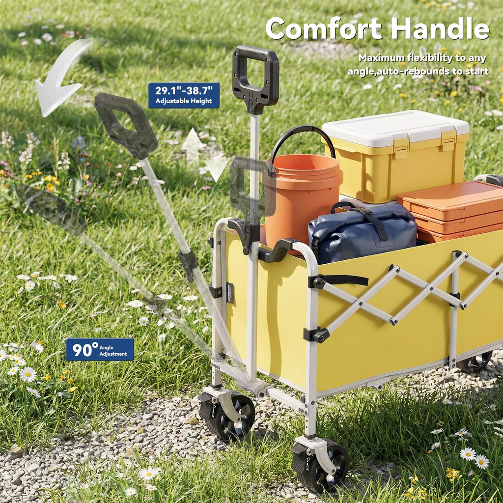 Collapsible Folding Wagon Cart, Heavy Duty Utility Wagons with Tailgate & Wheels,Portable Utility Cart for Camping,Garden,Beach,Sports Yellow