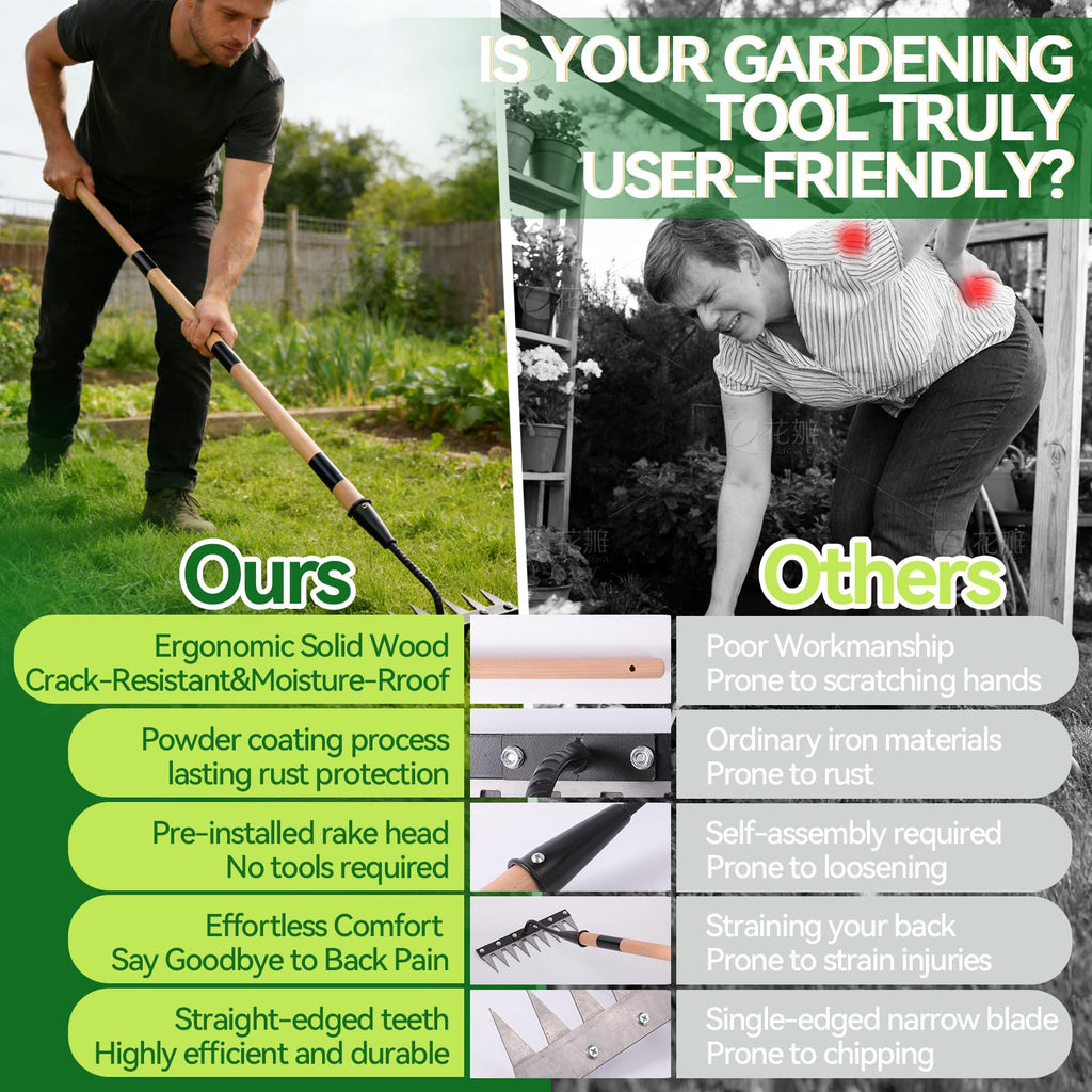 Gardenia 9-Tine Iron Weeding Rake, Heavy Duty Weed Puller for Garden Soil