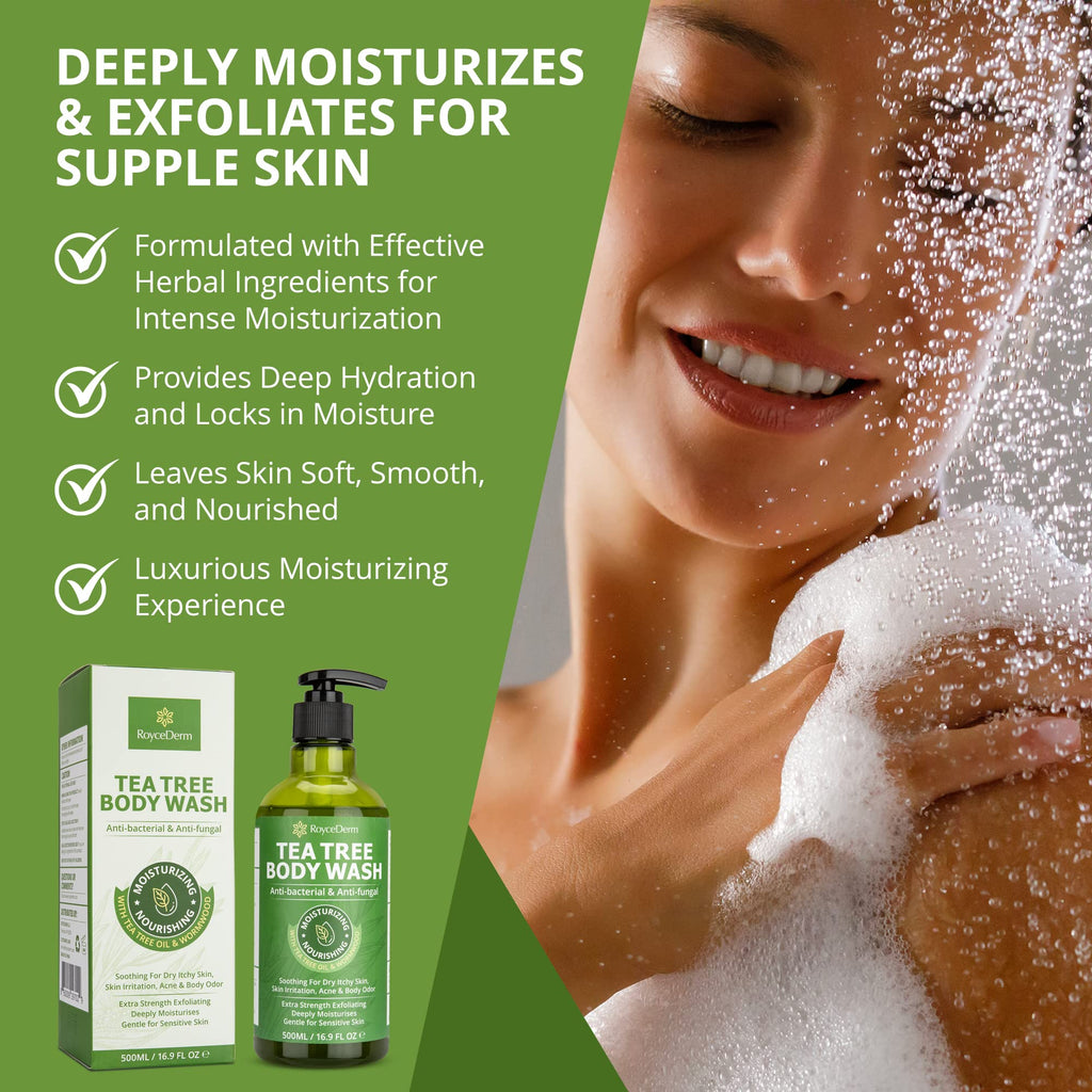 Roycederm Tea Tree Antifungal Care Bundle: Body Wash & Shampoo for Skin and Scalp Health