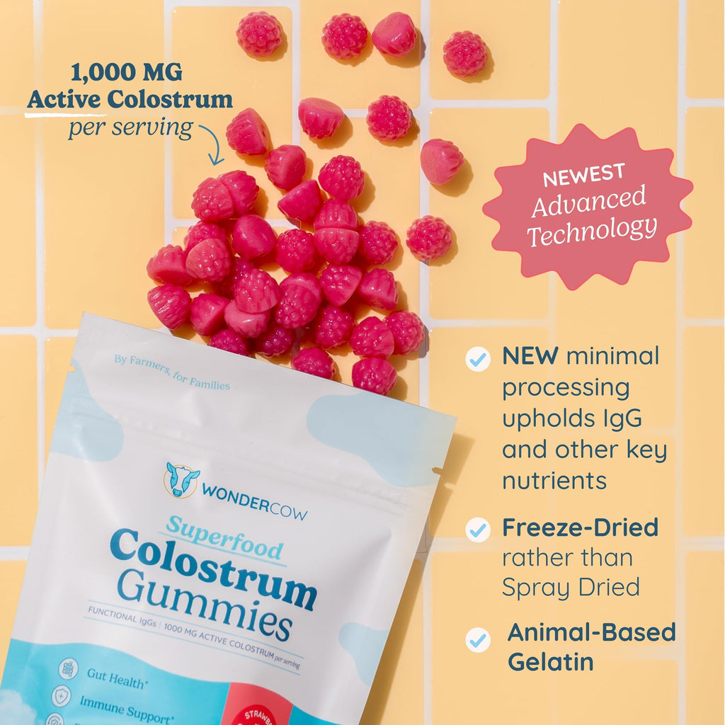 WONDERCOW Colostrum Gummies for Gut Health, Immune Support & Wellness | Natural IgG Whole Bovine Colostrum Supplement, 1,000mg per Serving (90 Gummies (30 Servings), Strawberry Cream)