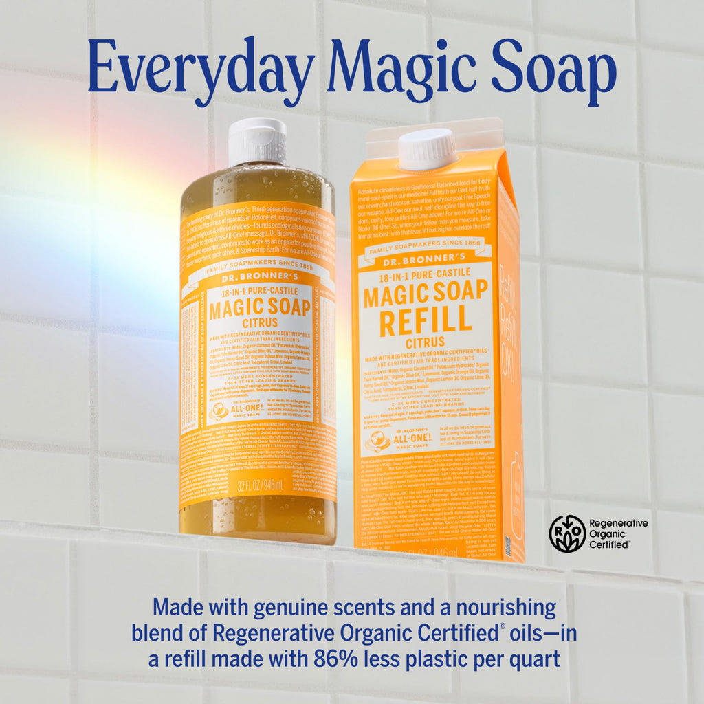 Dr. Bronner's Magic Soap-Pure-Castile Liquid Refill (Citrus, 32 ounce, 1-Pack) - Made with Regenerative Organic Certified Oils, For Body, Hair, Laundry, Pets & Dishes - Concentrated, Vegan, Non-GMO