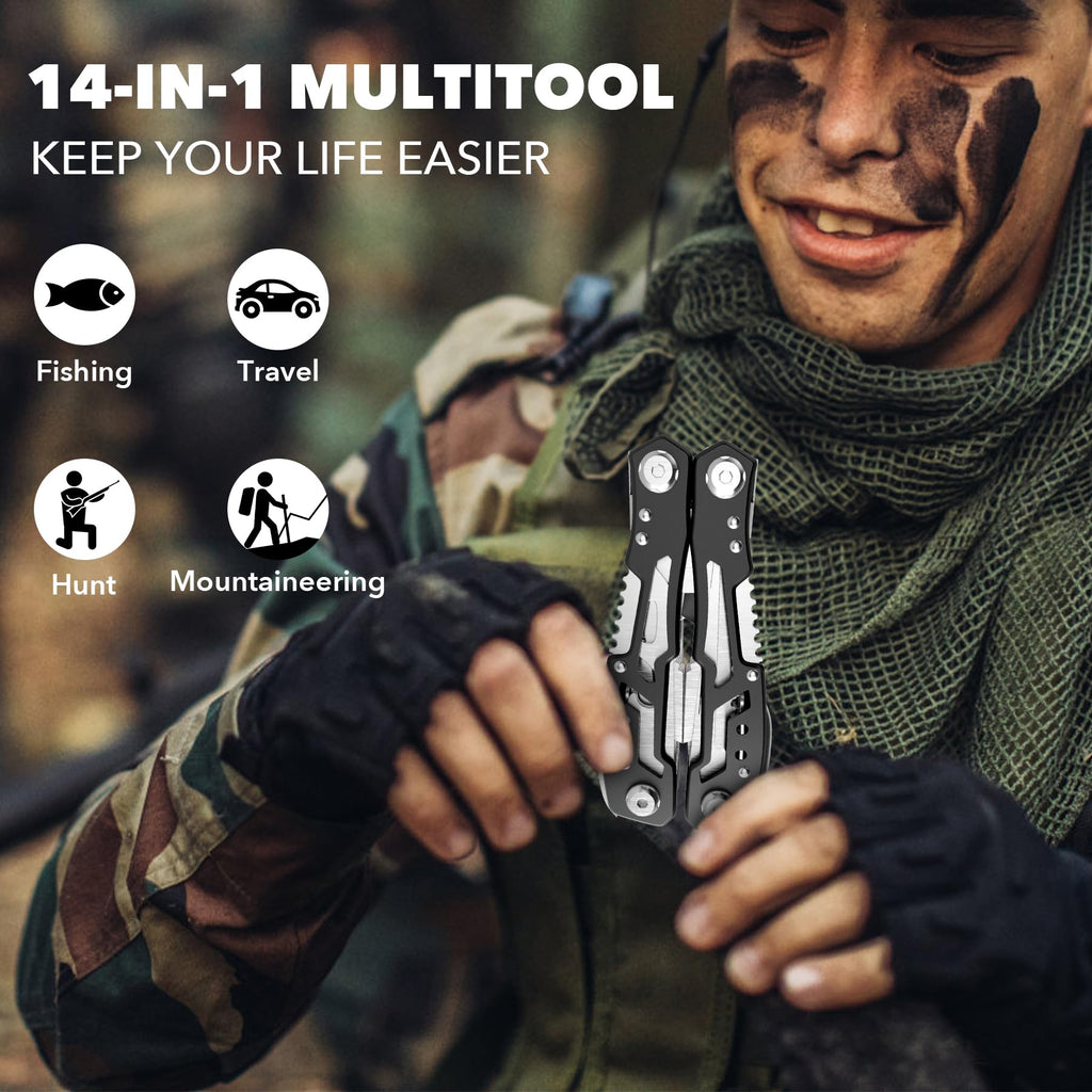 14-In-1 Multitool with Safety Locking, Professional Stainless Steel Multitool Pliers Pocket Knife, Bottle Opener, Screwdriver with Nylon Sheath ，Apply to Survival,Camping, Hunting and Hiking 10 Pcs