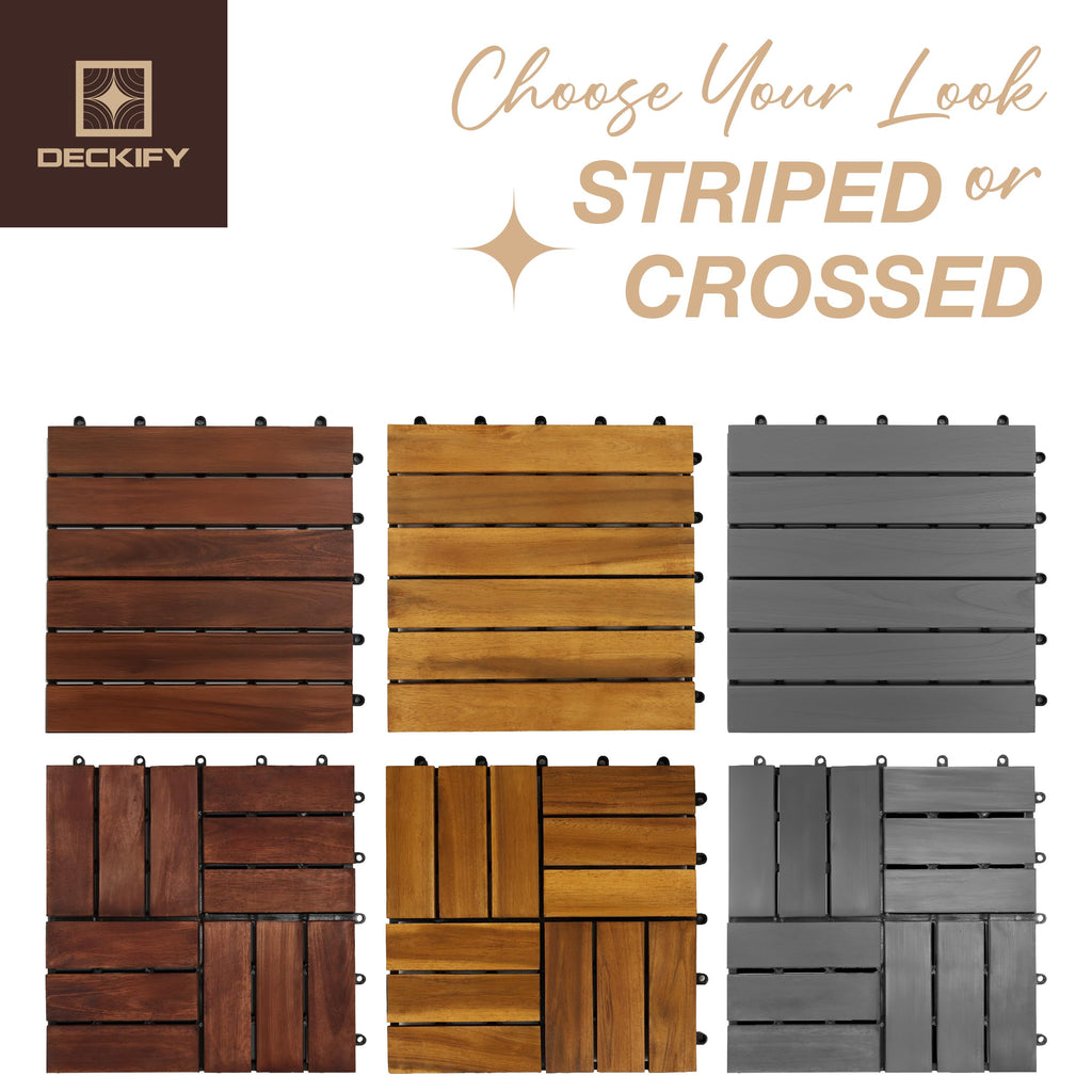 DECKIFY 9Pcs Acacia Wood Interlocking Patio Deck Tiles, 12 x 12 x 0.9 Inch Outdoor Flooring, Waterproof for All-Weather Use – Crossed, Dark Brown