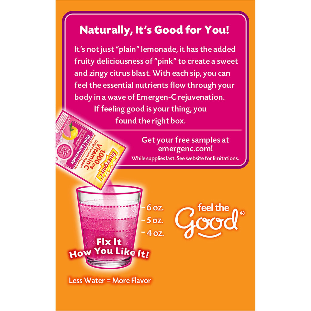 Emergen-C 1000mg Vitamin C Immune Support Powder Pink Lemonade 30CT includes Zinc, Manganese, 7 B Vitamins and Electrolytes for Back to School Essentials