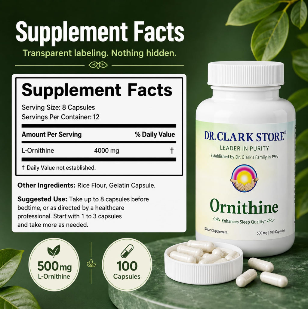 Dr Clark Ornithine Dietary Supplement 500mg, 100 Gelatin Capsules, Pure Amino Acid Support for Natural Sleep Aid, Promotes Protein Metabolism, Cleansing and Detoxification, Non-GMO & Gluten Free