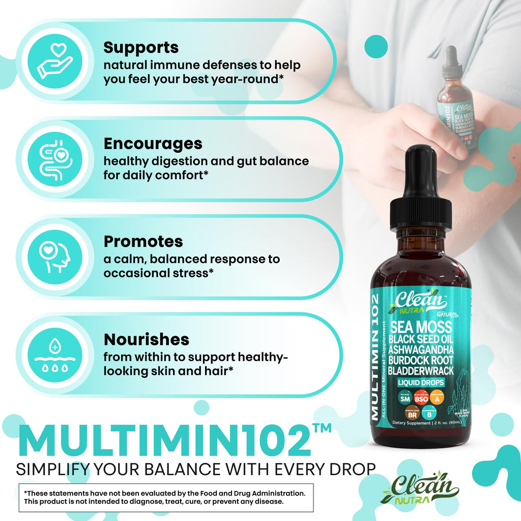 Clean Nutra Organic Sea Moss Drops Supplement | Black Seed Oil Irish Seamoss Ashwagandha Burdock Root & Bladderwrack - Multimineral Liquid Vegan for Gut Heath Energy Skin Immune Support & Hair