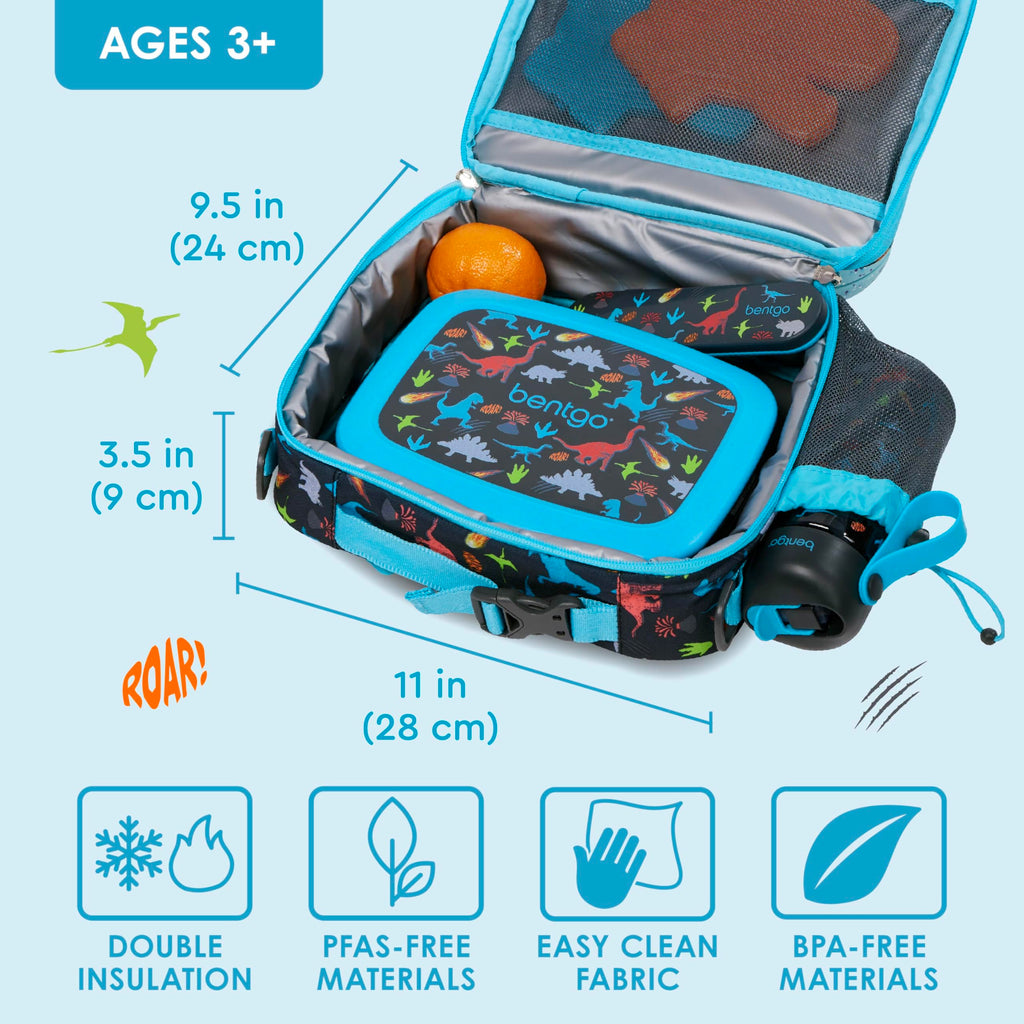 Bentgo Kids Lunch Bag - Durable, Double-Insulated Lunch Bag for Kids 3+; Holds Lunch Box, Water Bottle, & Snacks; Easy-Clean Water-Resistant Fabric & Multiple Zippered Pockets (Dinosaur)